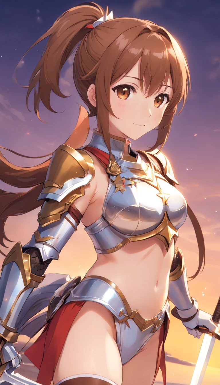 Asuna, Asuna_(star), (1 girl,alone) ,fantasy, High resolution, 19 Private, original, (Sheath on the waist:1.3), smile, , short hair, medium breasts, view viewer, bangs ,Hazel Eye Detail, , put your hand on your chest,(brown hair,short ponytail hair:1.5), ,short hair, Are standing,straight, Avec,(Full body Esbian:1.1), white thighs,(Avec:1.4),Close-up of a woman in armor holding a sword, armor girl, bikini armorのfemale knight, bikini armor, bikini armor, gorgeous female paladin, female knight, 美しいfemale knightの, beautiful armor, Slender、シルバーbikini armor, exposure of the abdomen, 華やかなbikini armor, stunning armor, The knight of beauty smiled,vertical navel、skin luster、skin luster、Full body Esbian,Futomo,Silver Armored Boots