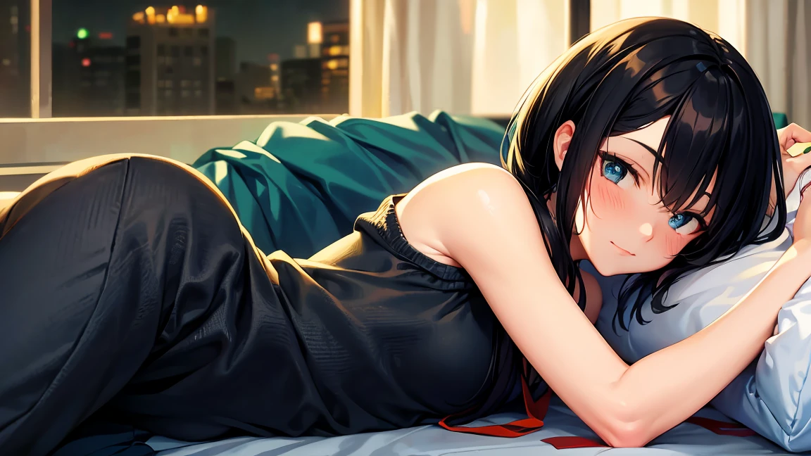 Pose change, lounging in bed.
One girl, 15 years old, short black hair, cute eyes, aesthetically animated, animated, image is 16:9, blue eyes, black coat.