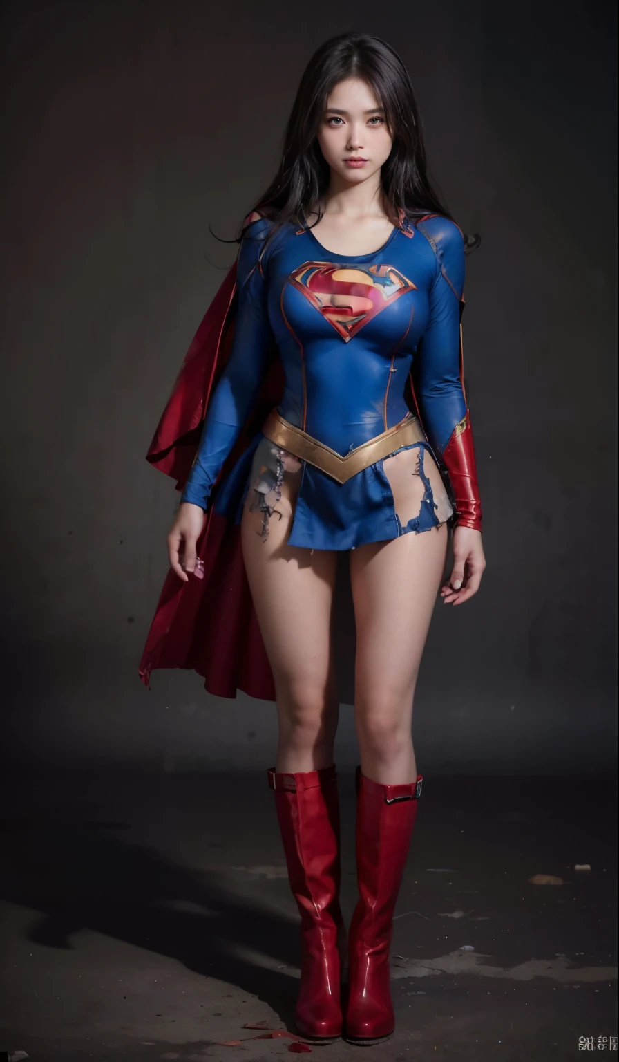 no background、(((Wear black tights on your beautiful legs.torn、Tattered、being destroyed)))、(((stretch your legs、tall、Legally express the beauty of your smile)))、((((Get the most out of your original images)))、(((supergirl costume、torn、Tattered、being destroyed)))、(((beautiful hair)))、(((I'm in pain)))、(((Legs must be worn with black tights)))、(((must wear red boots、being destroyed)))、((Highest image quality、8K))、((highest quality、8K、masterpiece:1.3))、(((keep background )))、clear focus:1.2、beautiful woman with perfect figure:1.4、Full of scars、bloody、full of blood、slender abs:1.2、wet body:1.5、Highly detailed face and skin texture、8K