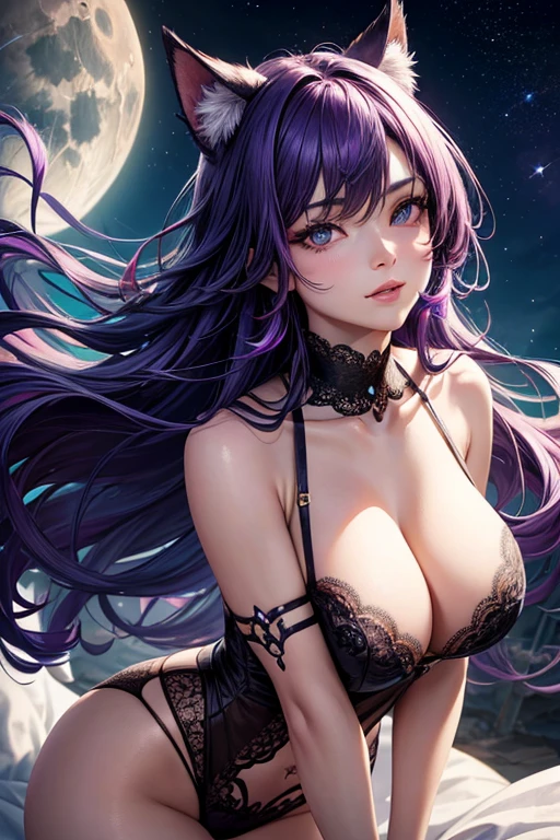 (best quality,8K,highres,masterpiece:1.2),ultra-detailed,realistic,portrait,purple-haired,
sexy catgirl with hot and sensual vibes,looking at viewer,seducing pose,endless mesmerizing eyes,long eyelashes,vivid colors,bright lighting,mystic atmosphere,soft and smooth skin,embellished with exquisite tattoos,fine details on lips and eyebrow,piercing on the nose,extraordinary cat ears,fantasy background with moonlit sky and stars,her purple hair flowing gracefully in the wind,delicate lace lingerie that accentuates her curves,enticing expression with a hint of mischief,alluring gaze full of desire,playful and confident demeanor,perfect balance between innocence and sensuality,expressive eyes that captivate and hold the viewer's attention,showcasing the beauty and allure of femininity in a tasteful and elegant manner.