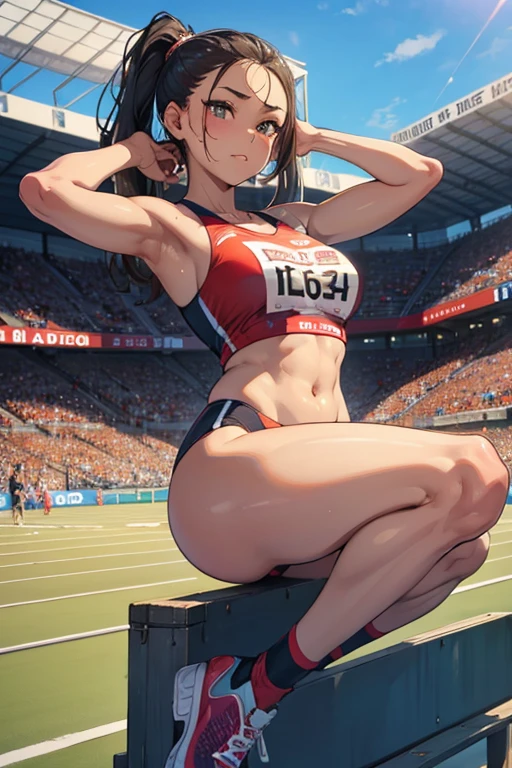 1 Beautiful ,dynamic angle,girl track and field athlete,small head,big breasts,meaty, beautiful feet,glowing skin, at track and field ,(detailed beautiful face:1.4),detailed skin,