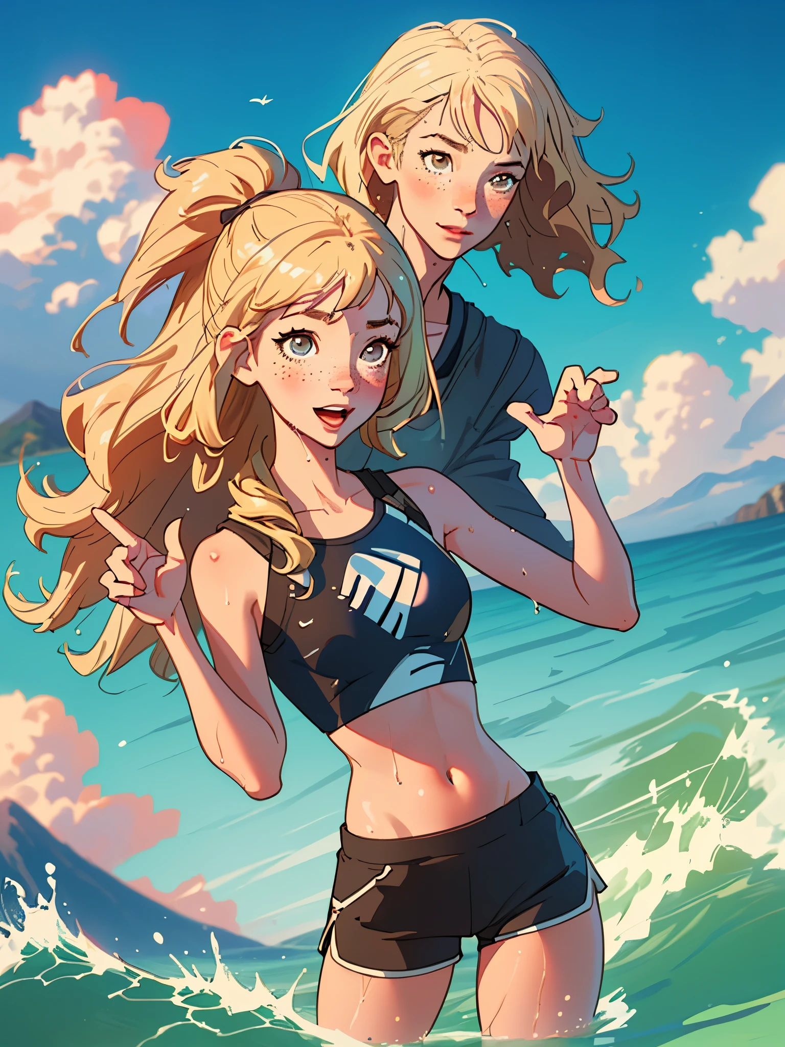 Masterpiece, best quality, 3 bodybuilding girls in surfing, clouds, sun, clean blue sky, smile, having fun, sunglasses