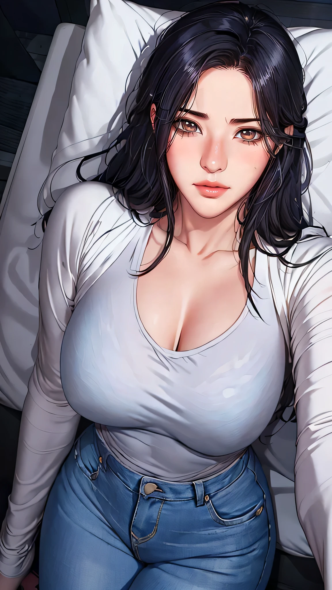 （（（black hair,tie hair，Exposing bangs， amber eyes, thick upper lip and pointed nose,（（（Denia，bikini_jeans，Manha，girl，Sexy，Miss，Japanese cartoons，long sleeve t-shirt, White T-shirt, blue jeans, ））），（（（wide hips））），S-shaped body:1.7））），((masterpiece)),high resolution, ((Best quality at best))，masterpiece，quality，Best quality，（（（ Exquisite facial features，looking at the audience,There is light in the eyes，Ha ha，blush，Shy ））），（（（Light and shadow interlace，huge ））），（（（from below，hands open）））