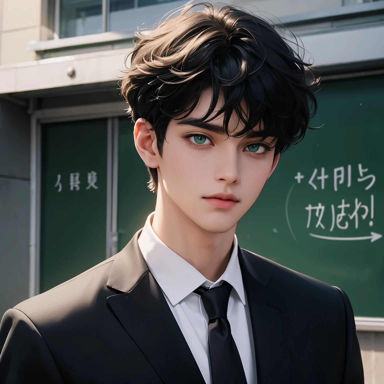 Green eyes, monolid eyes, Short hair, Black hair, Fringe curly haircut, using school uniform for a senior boy, in the school, normal face, bright color.