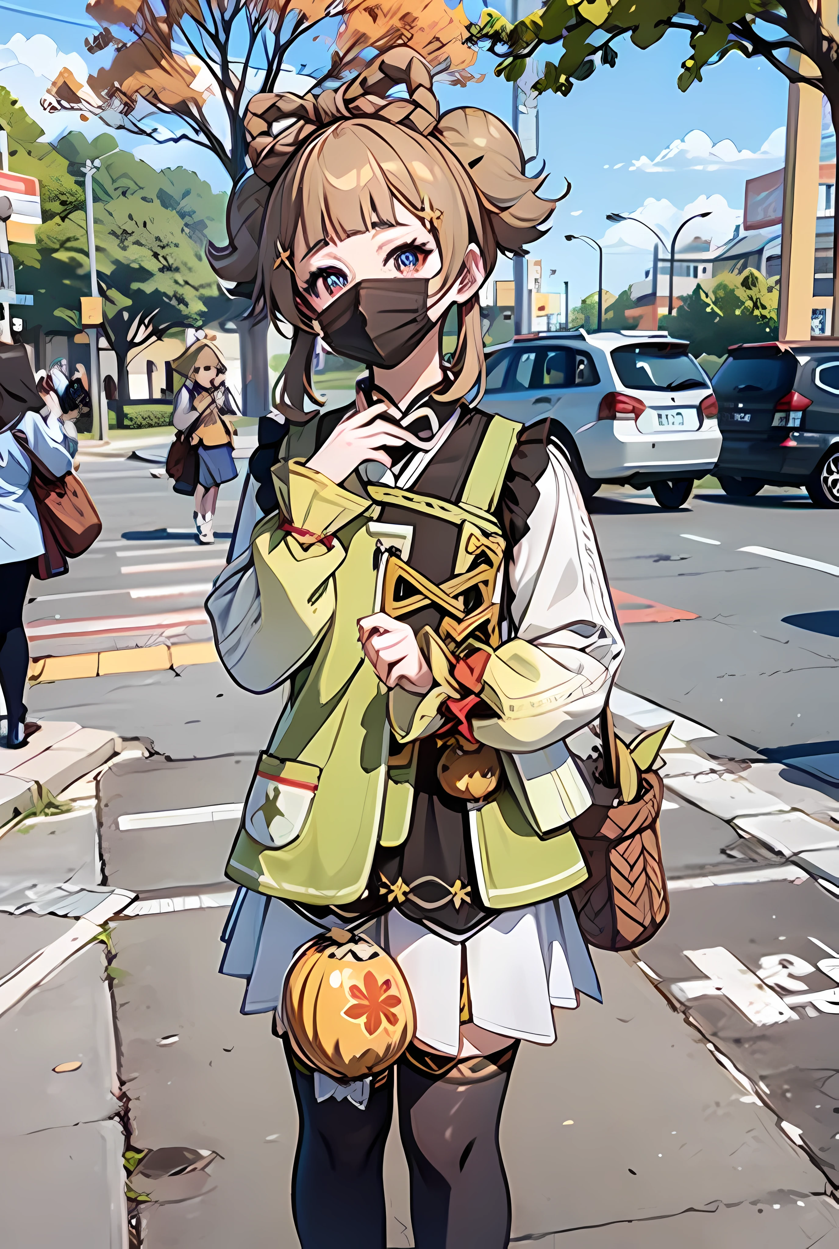 anime cosplays dressed in costumes and masks are standing in a parking lot, cosplayer, anime cosplay, yaoyao cosplay, yaoyao genshin impact, cosplay, ayaka genshin impact, loli, yaoyao, anime girl cosplay, yaoyao from genshin impact, cosplay photo, ((wearing white mouth cover)), blonde hair, mouth cover