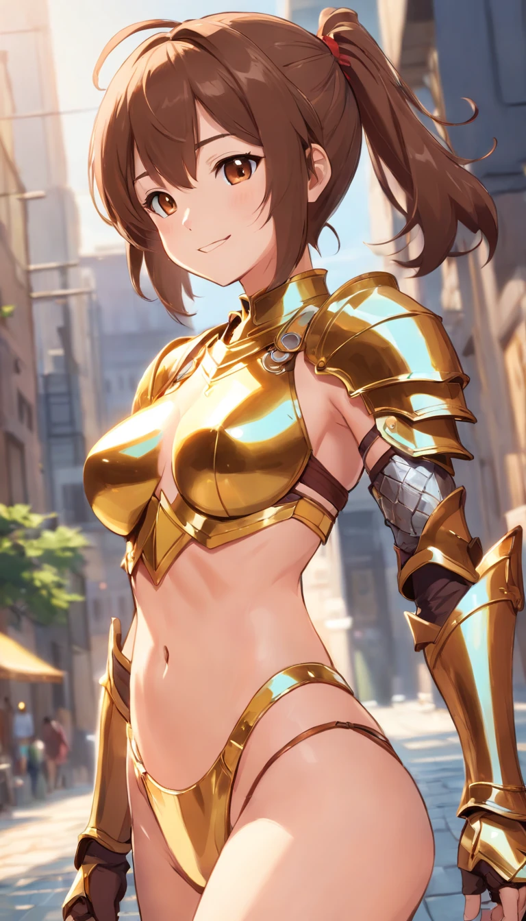 (1 girl,alone) ,fantasy, High resolution, 19 Private, original, (Sheath on the waist:1.3), smile with open mouth, , short hair, medium breasts, view viewer, bangs ,Hazel Eye Detail, , put your hand on your chest,(brown hair,short ponytail hair:1.5), ,short hair, Are standing,straight, Avec,(Full body Esbian:1.1), white thighs,(Avec:1.4),Close-up portrait of a woman in gold armor, armor girl, ビキニアーマーのfemale knight, Gold Bikini Armor,Gold Bikini Armor, gorgeous female paladin, female knight, 美しいfemale knightの, beautiful armor, Slender、Gold Bikini Armor, exposure of the abdomen, Glamorous Gold Bikini Armor, stunning armor, The knight of beauty smiled,vertical navel、skin luster、Esbians with rough skin,Futomo,Silver Armored Boots,Don