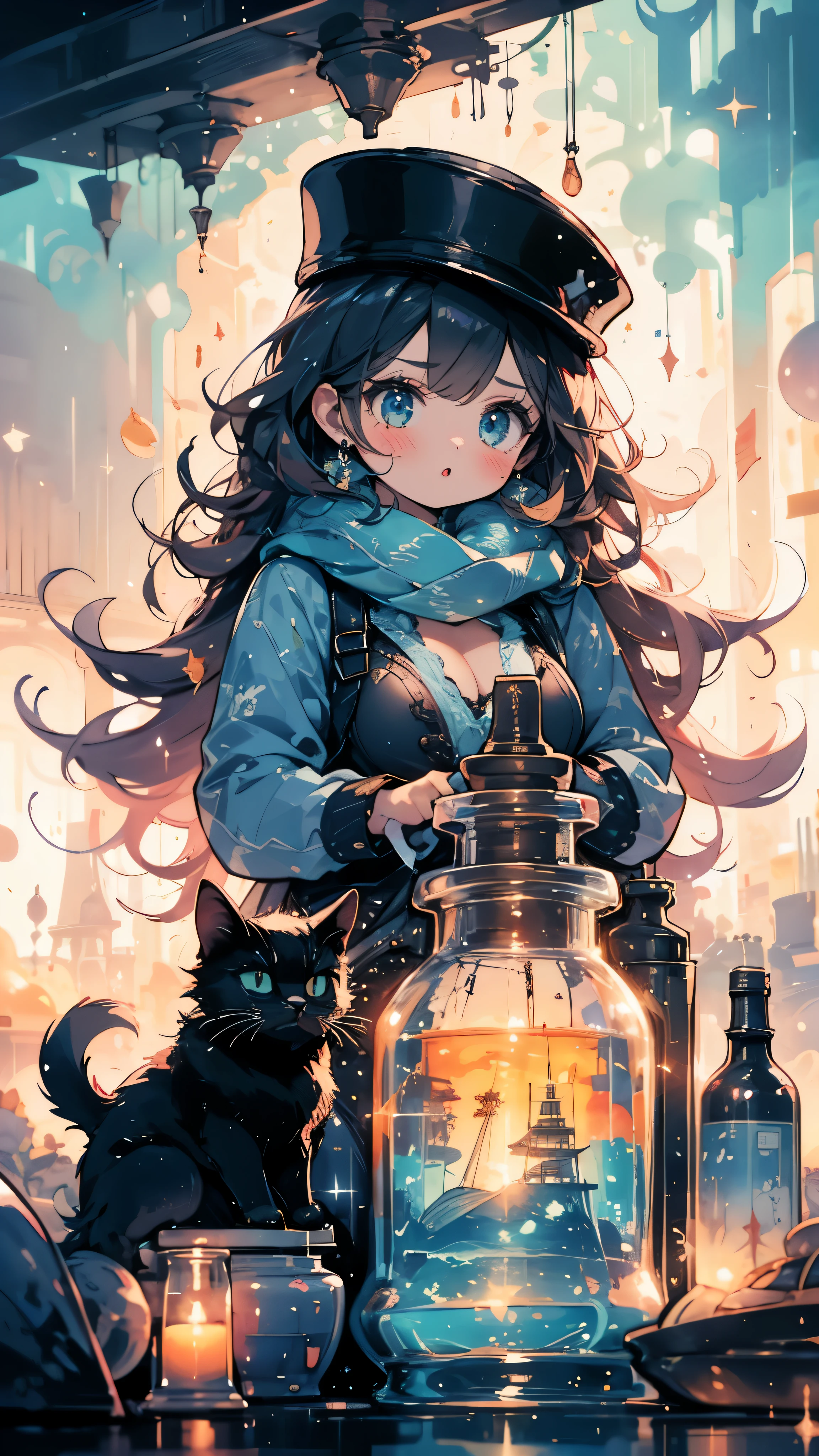 wide angle,high quality,Deep Blue World,angle from above,daytime,Odd-Eyed１With black cat１girl, girlは微笑む,A black cat is sitting,warm hat and scarf,Waist-length red hair waving in the wind.,delicate makeup,big breasts,beautiful breasts,とてもshort bangs,Sparkling Diamond Necklace&earrings,delicate makeup,beautiful eyes,color contact lenses,short bangs,Sparkling glitter,Sparkling glitter
