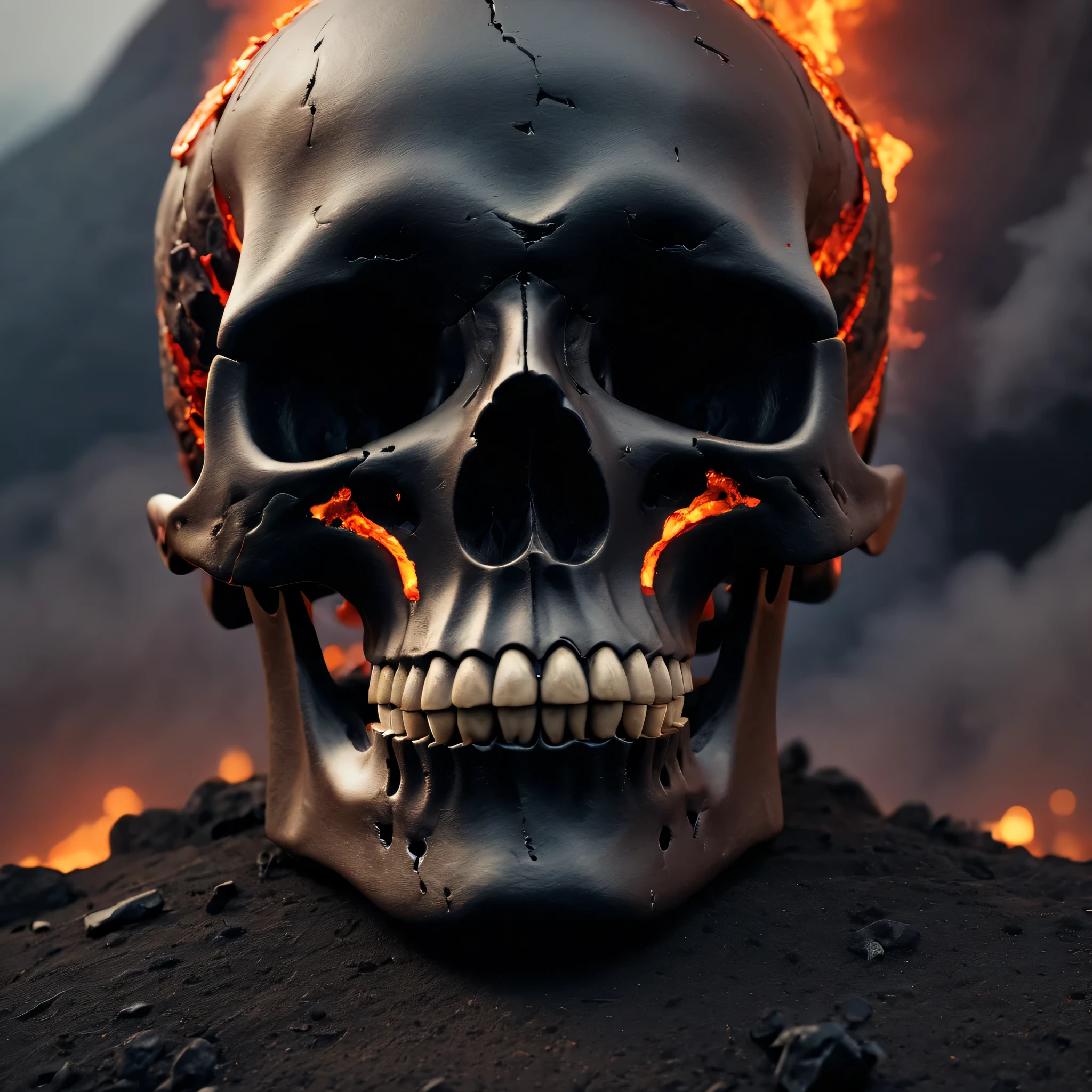 (best quality,8K,high resolution,muste piece:1.2,details:1.5),Super detailed:1.5,Eerily realistic black metal skull,elaborate corpse,scary theme,volcanoes,magma,horror setup