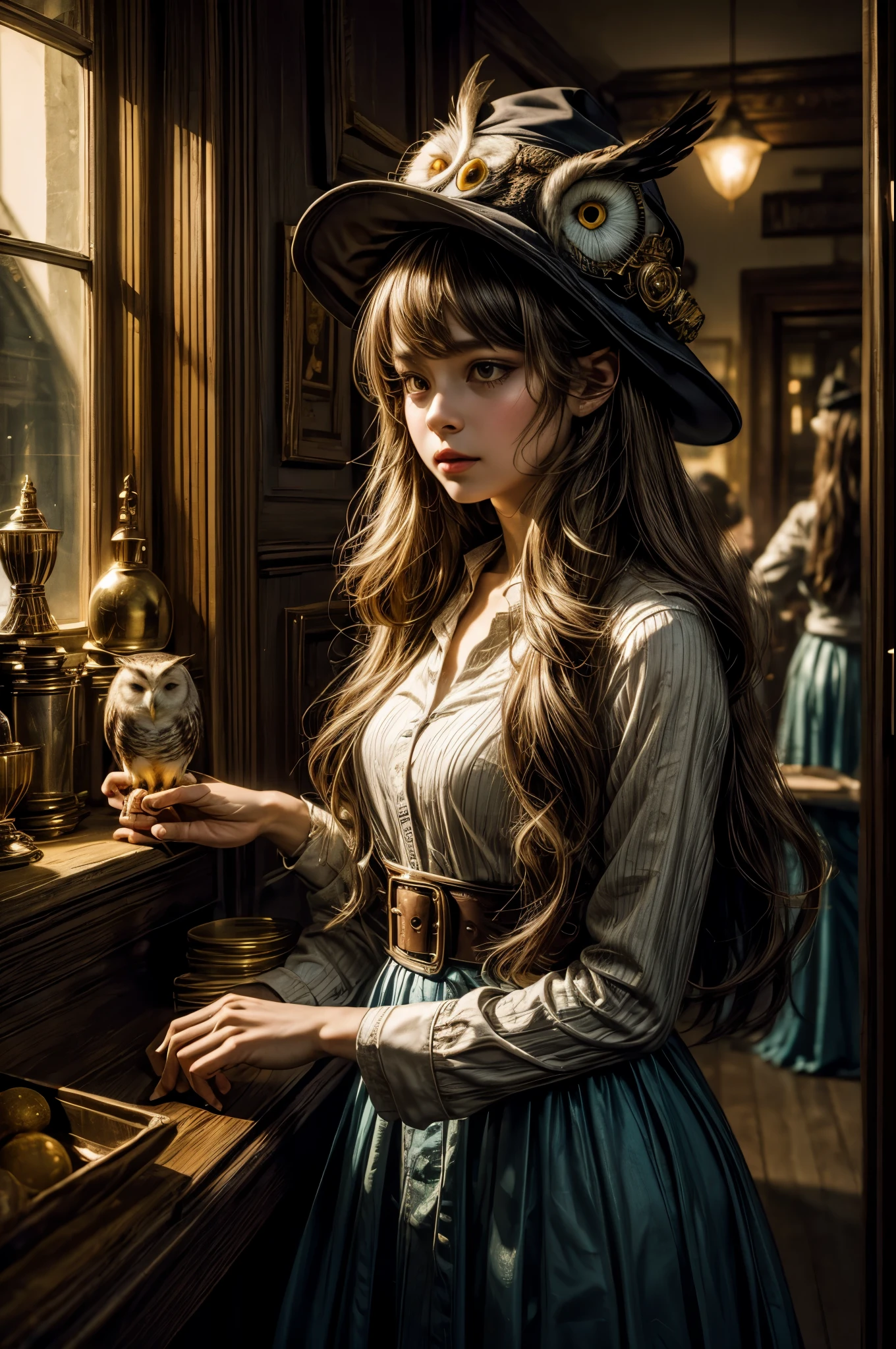Paint a poetic scene where a girl, her head ((adorned with an owl'sHat)), discovers the magic within a Pharmacie. Jars of secrets surround her, and the evening light, filtered through tinted glass, gently kisses the surroundings. Craft an ((emotional)) and evocative artwork that speaks to the(( mysteries of the night)).
