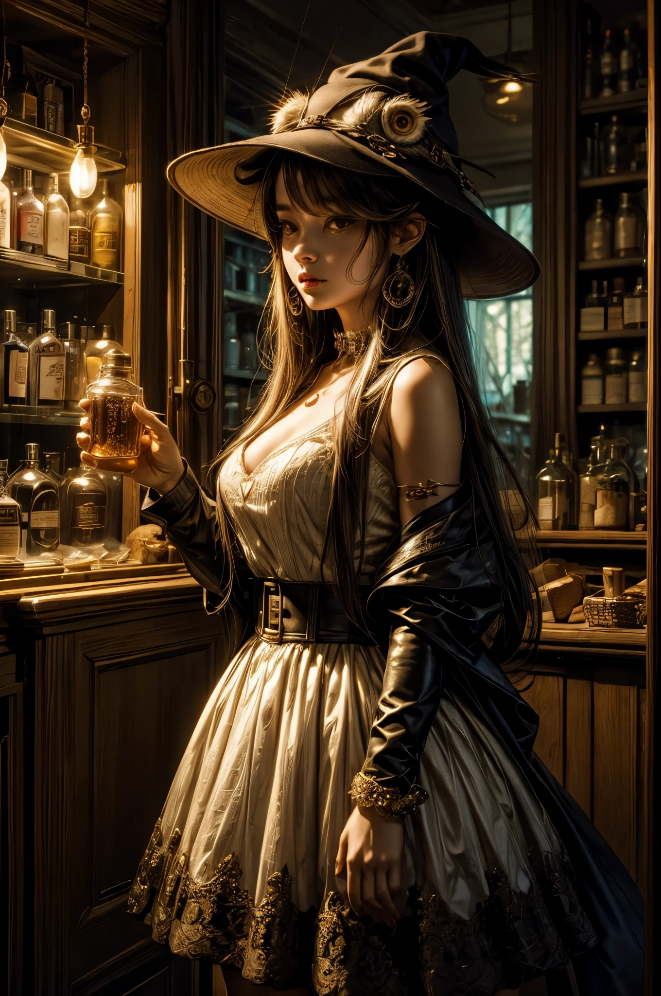 a sexy witch woman sitting at a table in a steampunk club having a drink with the grim reaper