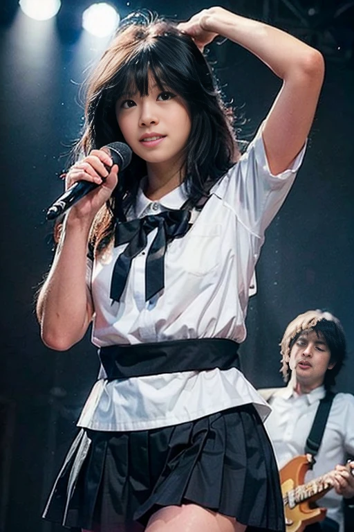 (masterpiece, realistic, ultra high resolution, highest quality: 1.2), 1 girl, alone, young, no makeup, (black hair), smile, japanese idol, on stageで歌っている, Holding a microphone in hand, uniform, sailor suit, armpit, thighs, (Akina Nakamori), realistic, on stage, Stage lighting, Live venue, Stage Spotlight, light version, (Pueros face_ v1:0.8)