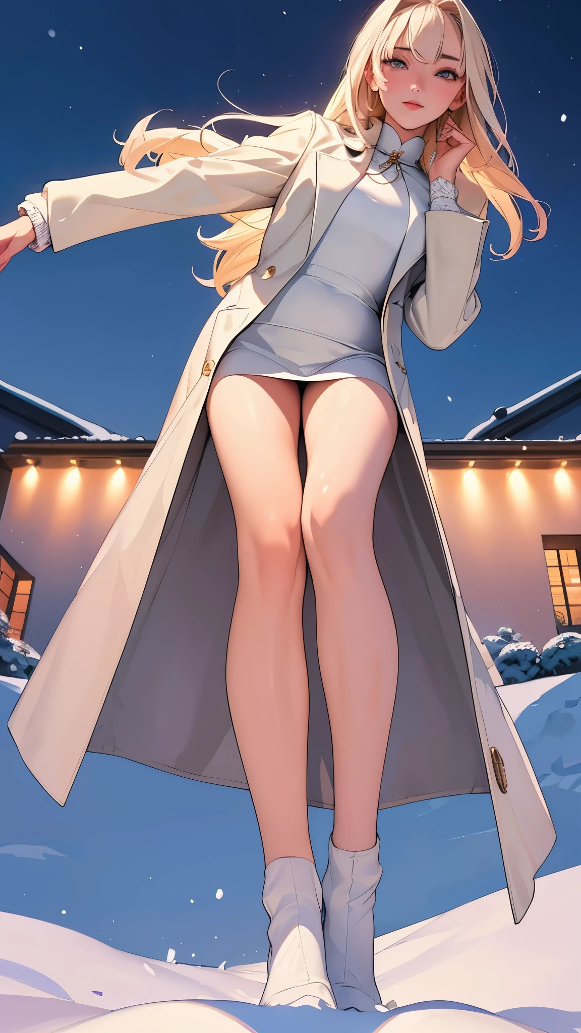 (masterpiece), (best quality), 1 girl, (perfect face:1.2), (pretty face:1.2), platinum blonde, (from below, lower body:1.3), happy, faint smile, looking at the audience, posture, 穿着狼皮大衣
winter coat, outdoor, winter, snow, at night, complex, depth of field, Cinema lighting,