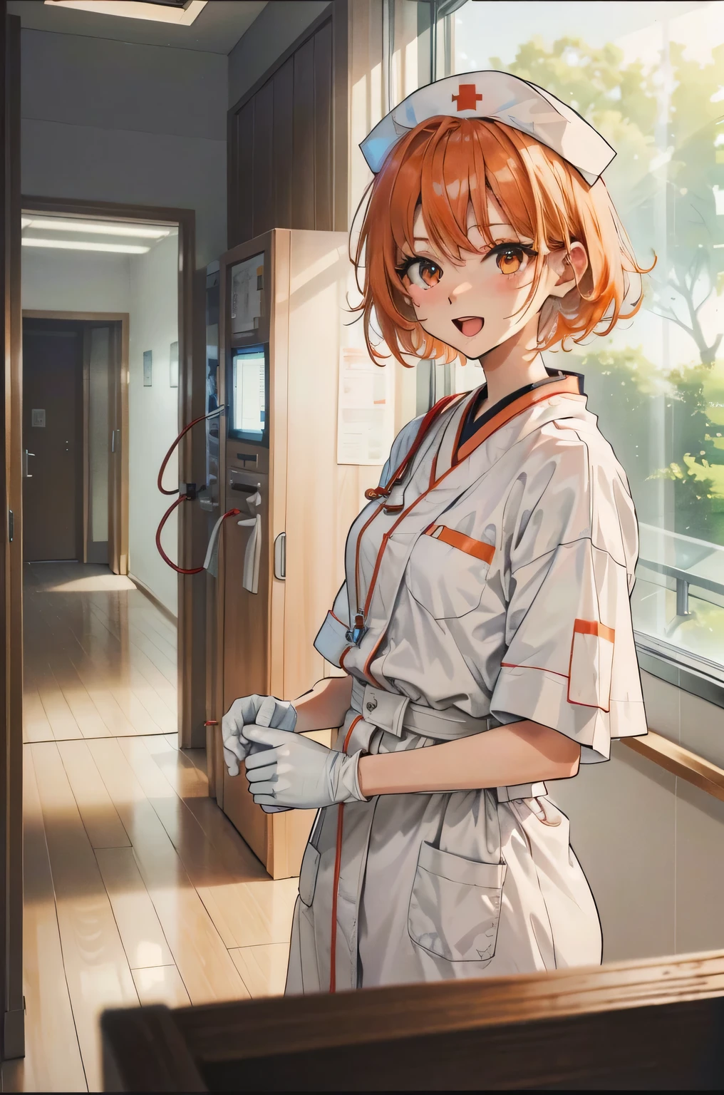 1 girl, alone, nurse, nurse cap, White nurse uniform, ((white legwear, zettai ryouiki)), white gloves, very short hair, orange hair, smile, open your mouth, Are standing, ((hospital room)), sharp outline, short sleeve, Tomboy, boyish, highest quality, masterpiece