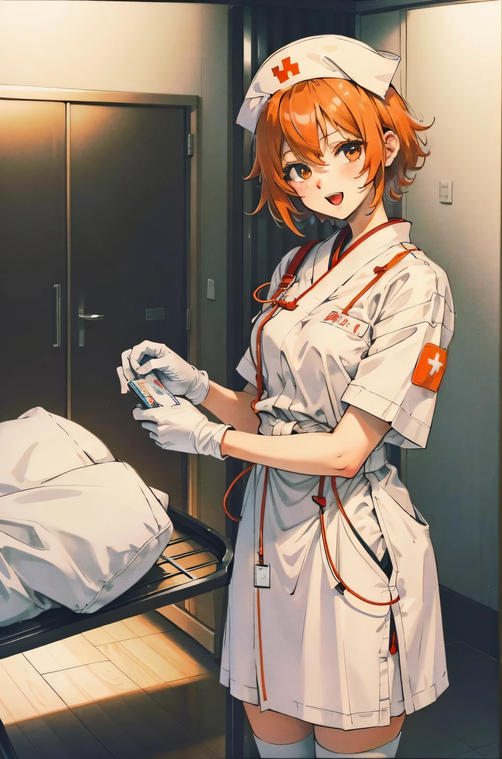 1 girl, alone, nurse, nurse cap, White nurse uniform, ((white legwear, zettai ryouiki)), white gloves, very short hair, orange hair, smile, open your mouth, Are standing, ((hospital room)), sharp outline, short sleeve, Tomboy, boyish, highest quality, masterpiece
