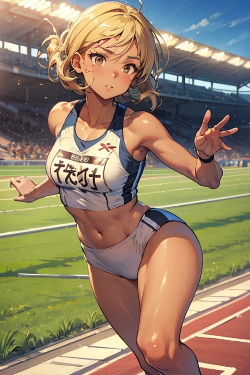 1 Beautiful ,dynamic angle,girl track and field athlete,small head,big breasts,meaty, beautiful feet,glowing skin, at track and field ,(detailed beautiful face:1.4),detailed skin、Landscape