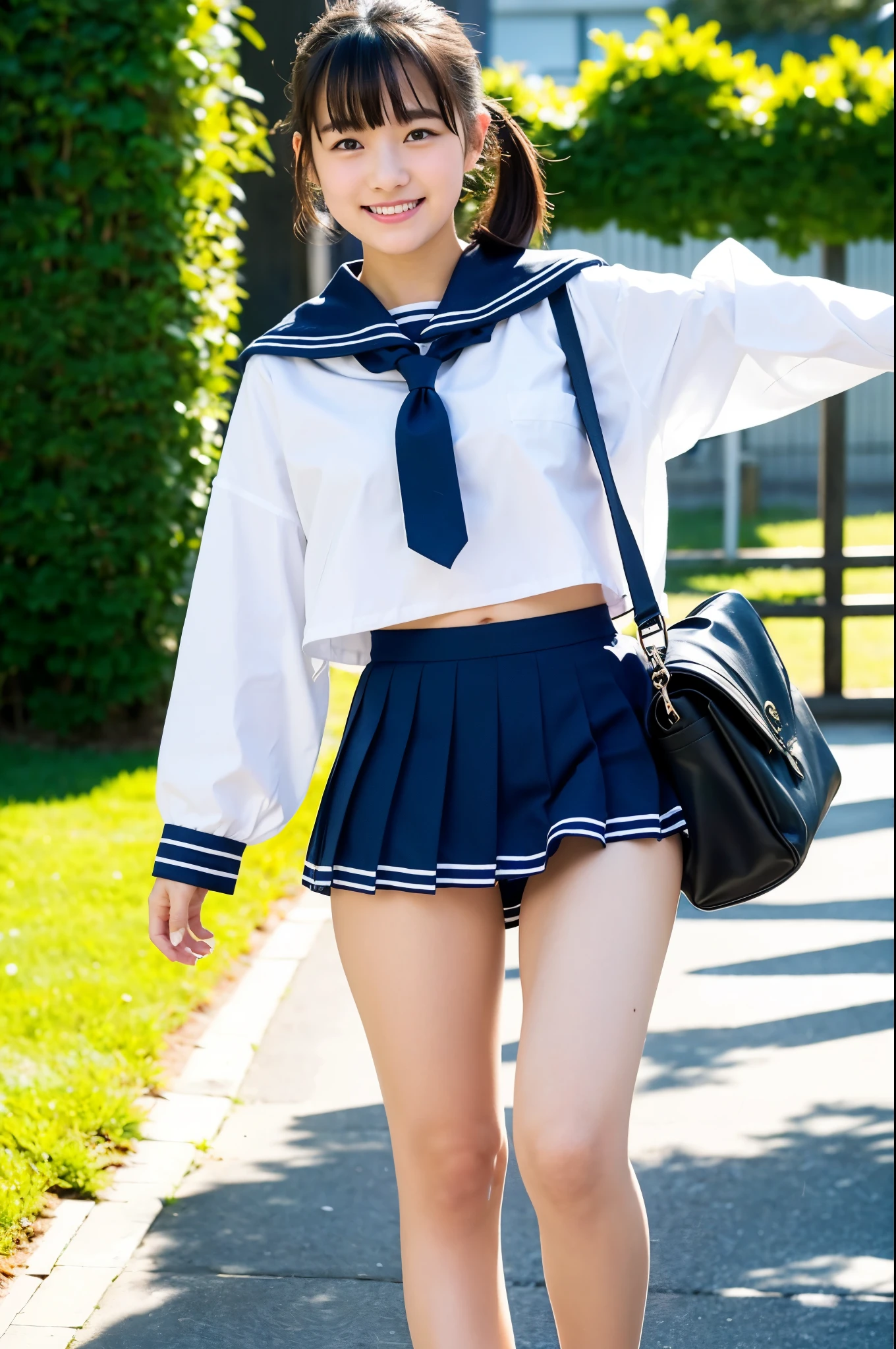 girl walking in school yard,long-sleeved white sailor shirt,white panties,navy blue pleated micro mini skirt,school bag,18-year-old,bangs,a little smile,thighs,knees,short cut hair,low ponytail,from below,front-lighting