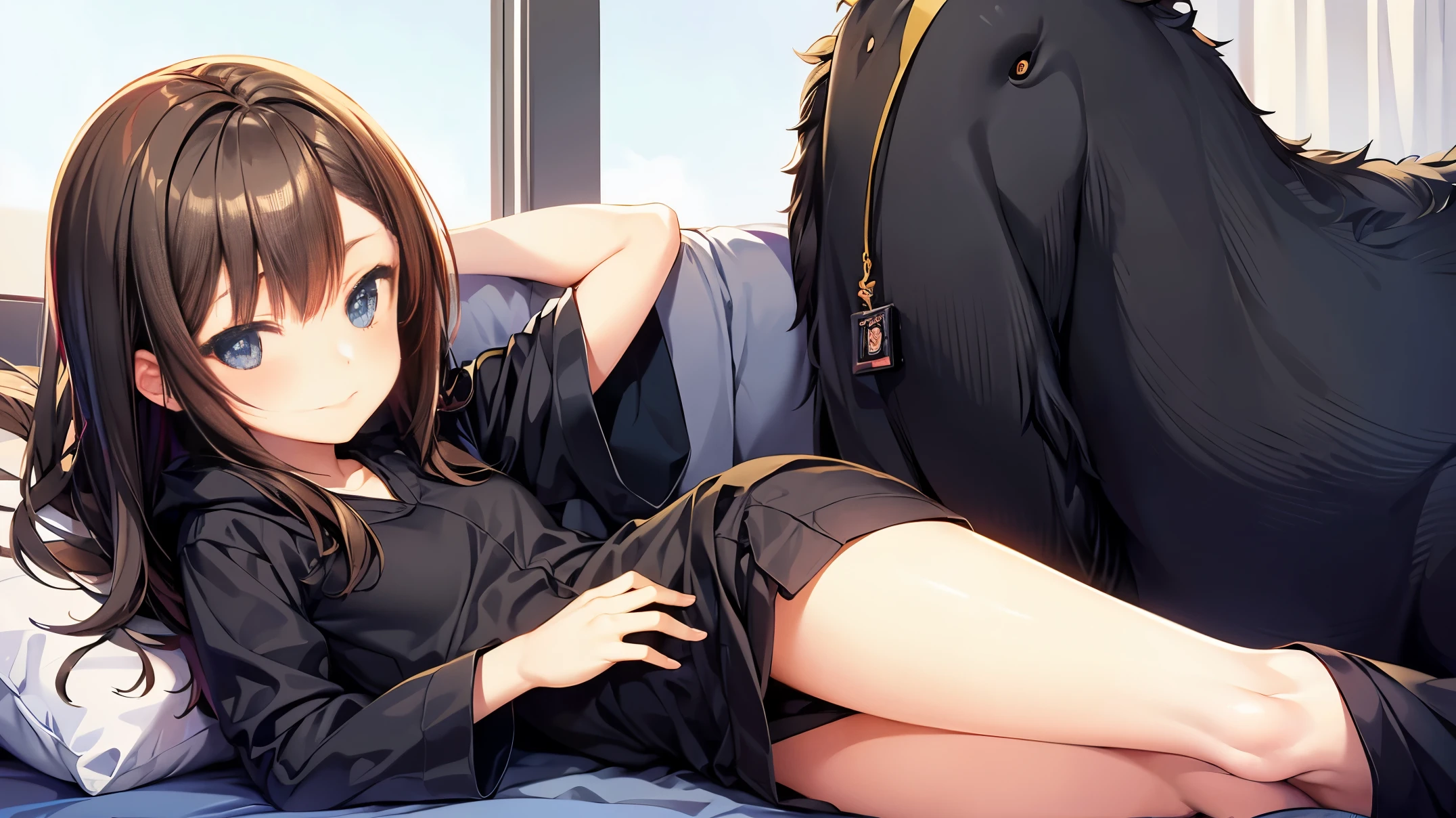 Pose change, lounging in bed.
One girl, , short black hair, cute eyes, aesthetically animated, animated, image is 16:9, blue eyes, black coat.