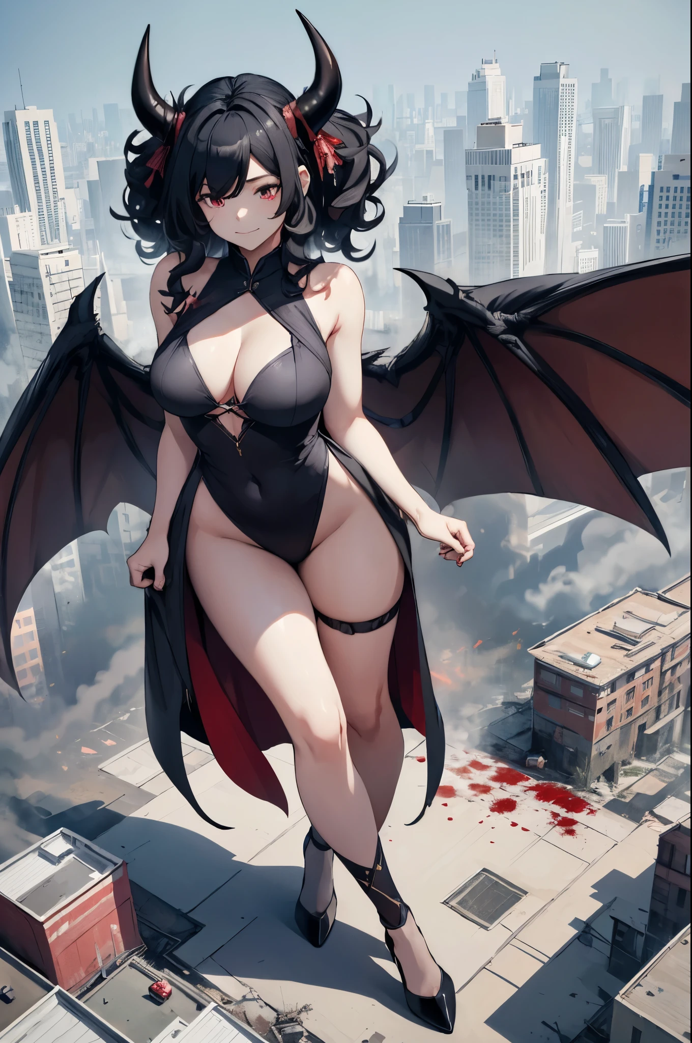 Aerial View,giant girl 50,000 feet high,Have a pair of long legs,Possessing a pair of huge demon wings,With huge devil horns on his head,Has waist-length black hair,loose hair,Wearing a pair of Mary Jane heels,Big wavy black curls,A look of enjoyment,lace手套,lace,lace内衣,Walking over a destroyed city,城市到处是blood stains,Beautiful appearance,Exquisite makeup,quality,8k,高quality,(governor:1.5),Perfect proportion, Cinema lighting,film grain,Fuji colors,8k,textured skin,Super details,high detail,high quality,high resolution,explode,fake smile,blood stains,脚底有blood stains,night,whole body,Fat stature