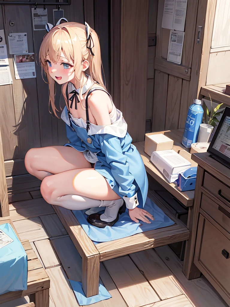 1girl、(masturbation、NSFW)、laughter、light blue dress、white apron、blonde hair、ribbon、clock、wonderland、(small breasts)、movement、no pants、show your chest、(pull your panties down to your knees,NSFW),SEX,masturbation、Pee、dildo、spread your legs wide、On your back、hymen、Open your with your fingers、blowjob、