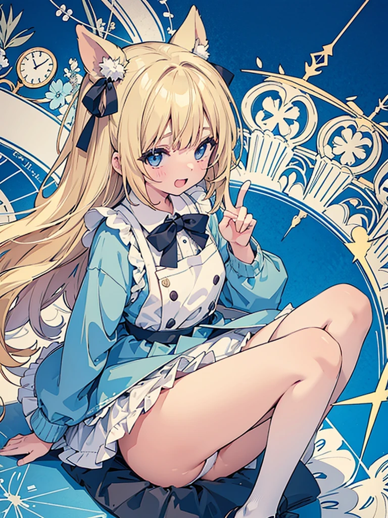 1girl、(masturbation、NSFW)、laughter、light blue dress、white apron、blonde hair、ribbon、clock、wonderland、(small breasts)、movement、no pants、show your chest、(pull your panties down to your knees,NSFW),SEX,masturbation、Pee、dildo、spread your legs wide、On your back、hymen、Open your with your fingers、blowjob、