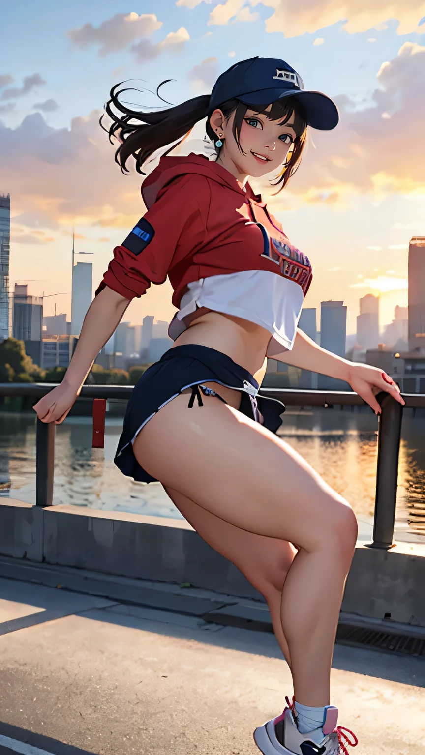 (a woman standing and showing off her panties and pubic-hair), angle from below, drooping eyes, realistic skin, various-pattern-shirt and skirt and panties and hoodie, swollen areolas, sports cap, sneakers, smile, earrings, sunset sky, river-side, skyscrapers,