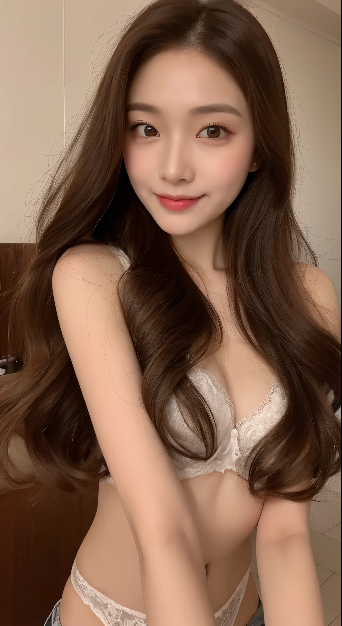 (Masterpiece, best resolution: 1.2), ((illustration), (extremely detailed), (best illustration),1girl, (bra), (panties), bathroom, (((far shoot:1:1))), (((front shoot))),(best quality), (super detailed), (masterpiece), (detailed face), realistic 1 girl with a perfect figure, asians girl, chinese girl, full body, living room, light make up, white top, eyes look front, small eyes, double eyelid, side view, long curly hair, ((full body:1:1)) ，smile, ((body facing front)) , body facing viewer, ((1 girl)), ((solo))