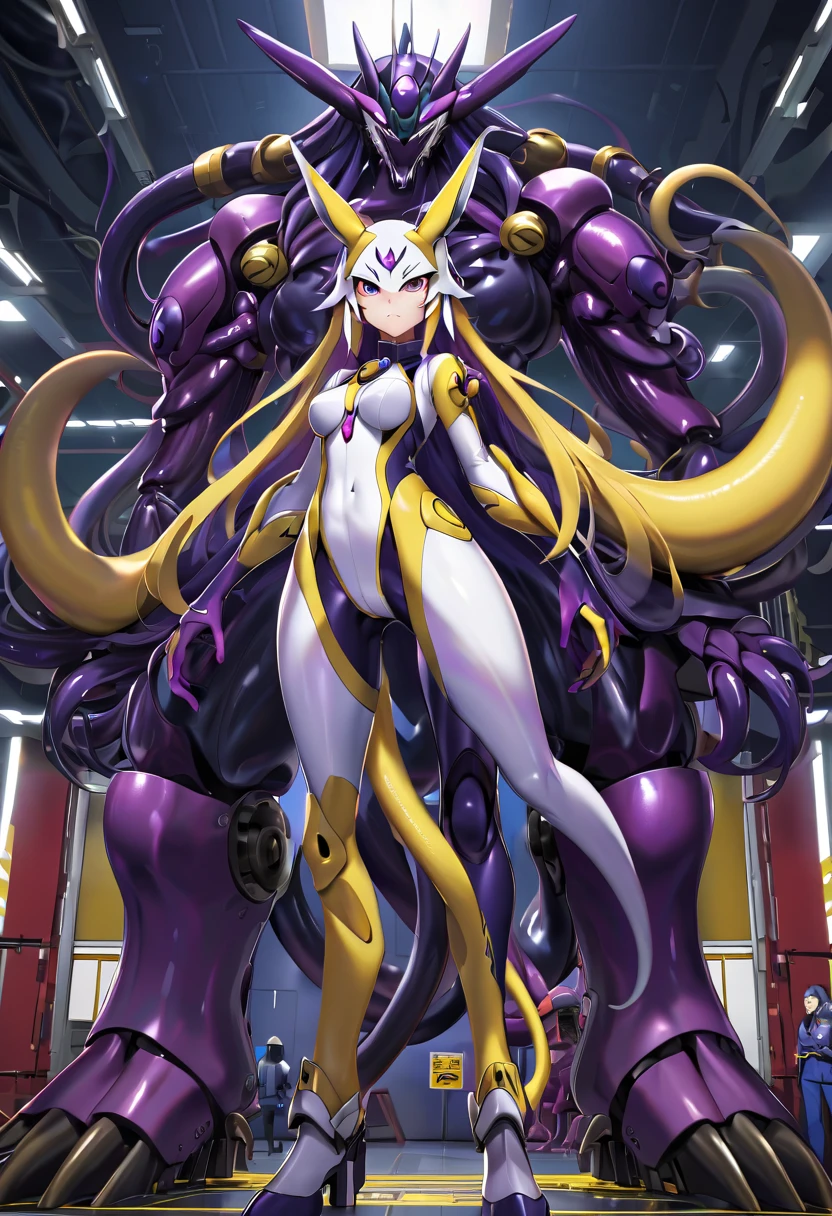 NSFW，Renamon and the giant battle mecha，The pilot is inside a giant battle mech.，Pilot details(Renamon is the pilot，Height: 160cm，The pilot is in front of a giant battle mech.，The pilot wears a Renamon-type full body suit.，face:Renamon type full face，tentacle cockpitに搭乗，Pussy is connected to tentacles，Renamon type full body suit is sticky and glossy with mucus.，evil depravity，symbiote)，Details of the giant battle mecha(Looks like a fusion of Renamon and a dragon，symbiote，evil depravity，About 10 meters tall，Mofumofu tail，fox ears，standing behind the pilot)，tentacle cockpit，renamon crossover