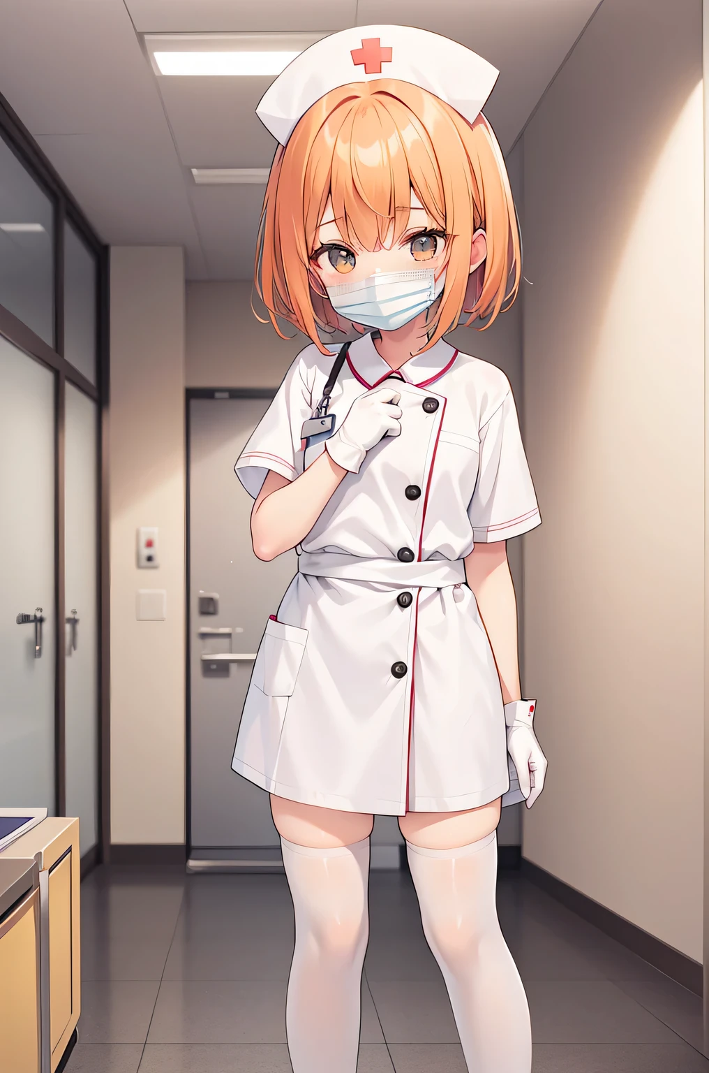 1 girl, alone, nurse, nurse cap, White nurse uniform, ((white legwear, zettai ryouiki)), white gloves, very short hair, orange hair, ((White surgical mask, Covered nose)), Are standing, ((hospital room)), sharp outline, short sleeve, Tomboy, boyish, highest quality, masterpiece