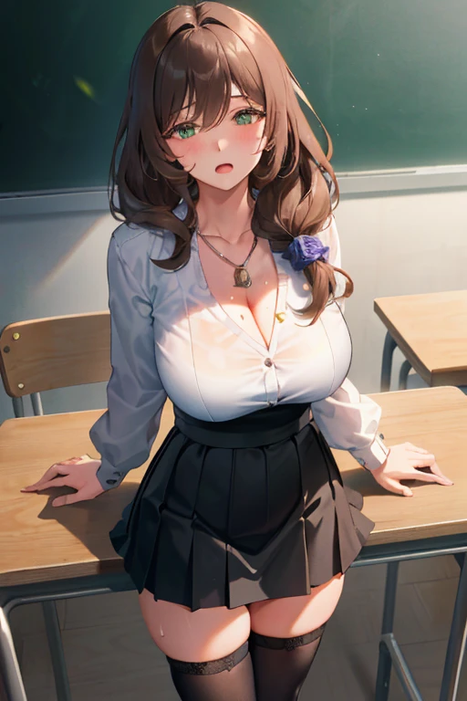 Lisa, genshin impact, 1 girl, alone, ((white shirt)), black Thighhighs, huge breasts, big breasts, cleavage, uniform, office background, black skirt, pleated skirt, office, hair between eyes, messy hair, large chest, long hair, looking at the viewer, brown hair, red short nails, green eyes, alone, Thighhighs, thighs, very long hair, ((masterpiece)), classroom, machine, Chair, board, class board, Teaching, adult woman, erotic woman, blush, open your mouth a little, Close ~ eyes, (standing:1.3), Flipping up the skirt with your hands, sweating, I can see through my clothes,