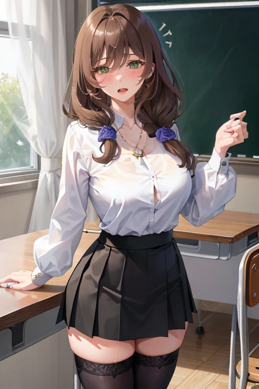 Lisa, genshin impact, 1 girl, alone, ((white shirt)), black Thighhighs, huge breasts, big breasts, cleavage, uniform, office background, black skirt, pleated skirt, office, hair between eyes, messy hair, large chest, long hair, looking at the viewer, brown hair, red short nails, green eyes, alone, Thighhighs, thighs, very long hair, ((masterpiece)), classroom, machine, Chair, board, class board, Teaching, adult woman, erotic woman, blush, open your mouth a little, Close ~ eyes, (standing:1.3), Flipping up the skirt with your hands, sweating, I can see through my clothes,