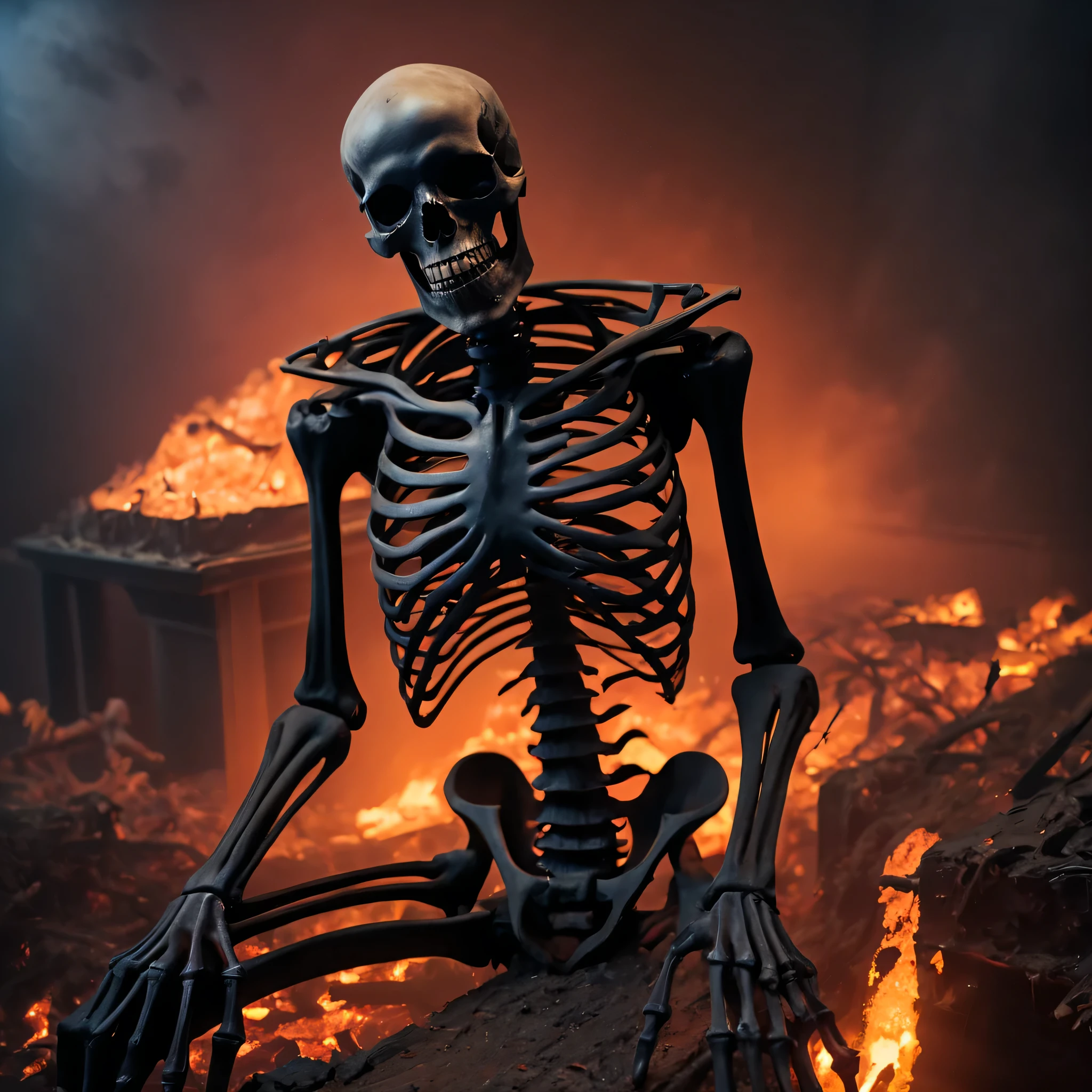 (best quality,8K,high resolution,muste piece:1.2,details:1.5),Super detailed:1.5,Eerily realistic black metal skeleton,elaborate corpse,scary theme,magma,horror setup