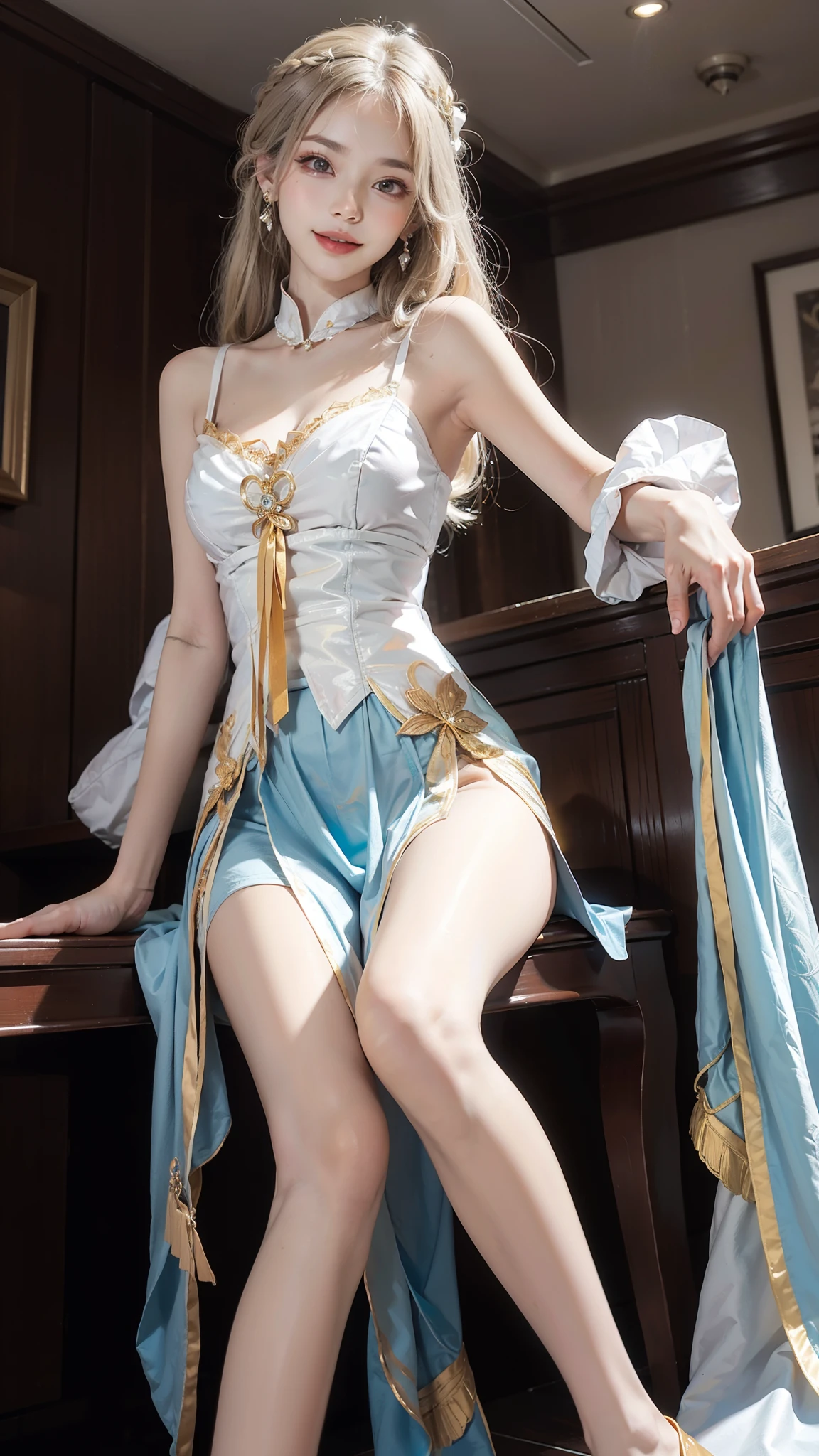 ((knee shot)), ((from below)),A young girl, In the bar, sit on chair, Cross ed leg, posing elegantly, Detailed scenes, Long messy hair, Brownish-yellow hair, light make-up, Blushlush, Nice slender legs, (Extremely high color saturation), Detailed details, ultra-detailliert, (tmasterpiece, best qualtiy), (An extremely delicate and beautiful work), Delicate earrings, Delicate necklace, Simple blurred background, Extreme detail description, Ultra-fine painting, Delicate face, slim toned body, Slimming the waist, (grin), (anatomy correct)