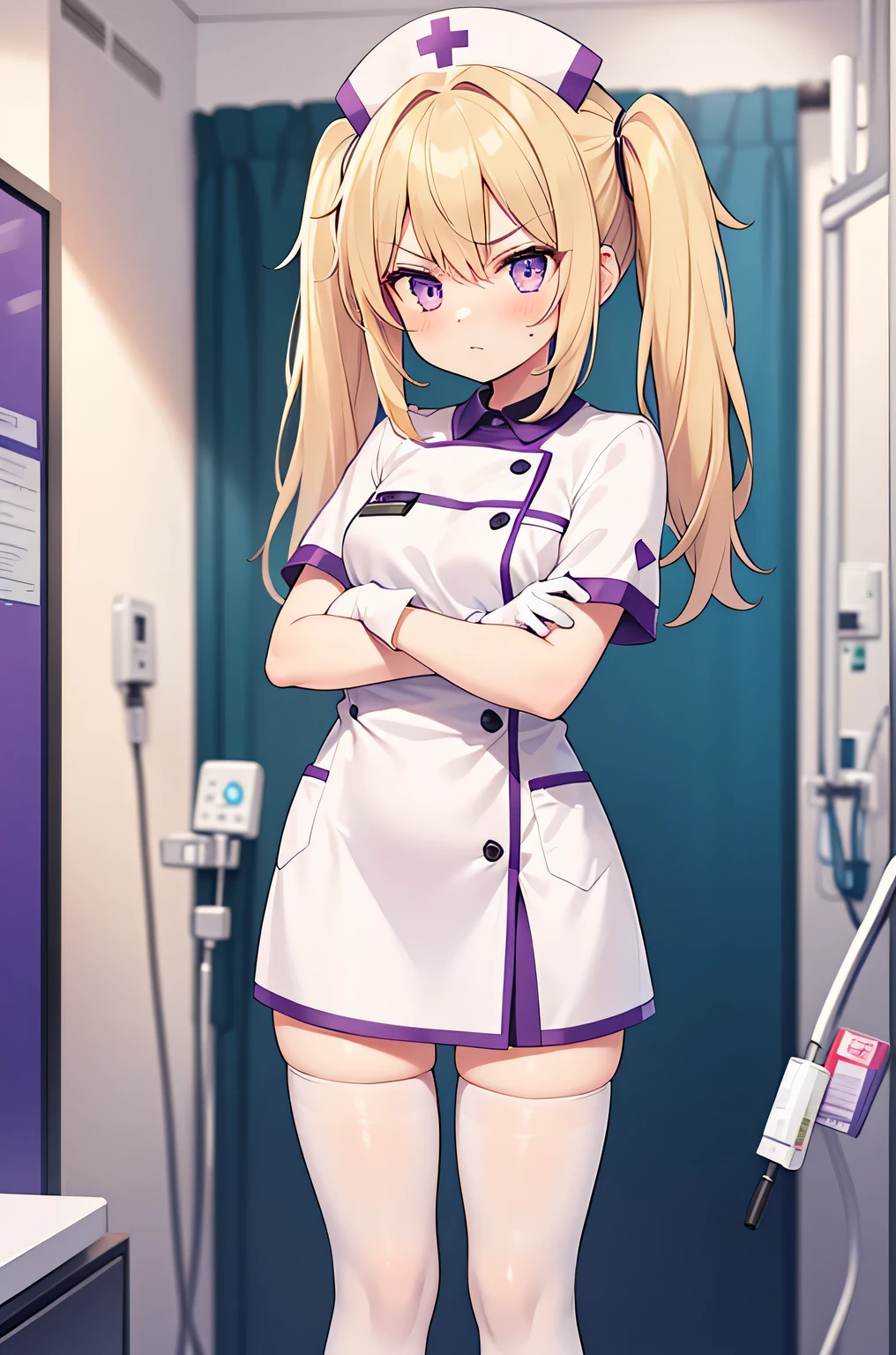 1 girl, alone, nurse, nurse cap, White nurse uniform, ((white legwear, zettai ryouiki)), white gloves, twin tails, yellow hair, purple eyes, anger, crossed arms, Are standing, ((hospital room)), sharp outline, short sleeve, highest quality, masterpiece