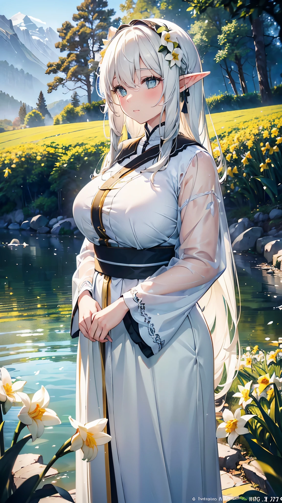 (a plump girl),(19 years old),(extra large :1.7),(grass green shirt),(long white hair),(black pupils),(daffodils with white petals beside),(Swiss lakeside scenery),(female elf long dresa costume),(best quality,4k,8k,highres,masterpiece:1.2),ultra-detailed,(realistic,photorealistic,photo-realistic:1.37),(oil painting),(peaceful),(vivid colors),(soft lighting),(harmony between human and nature),(())