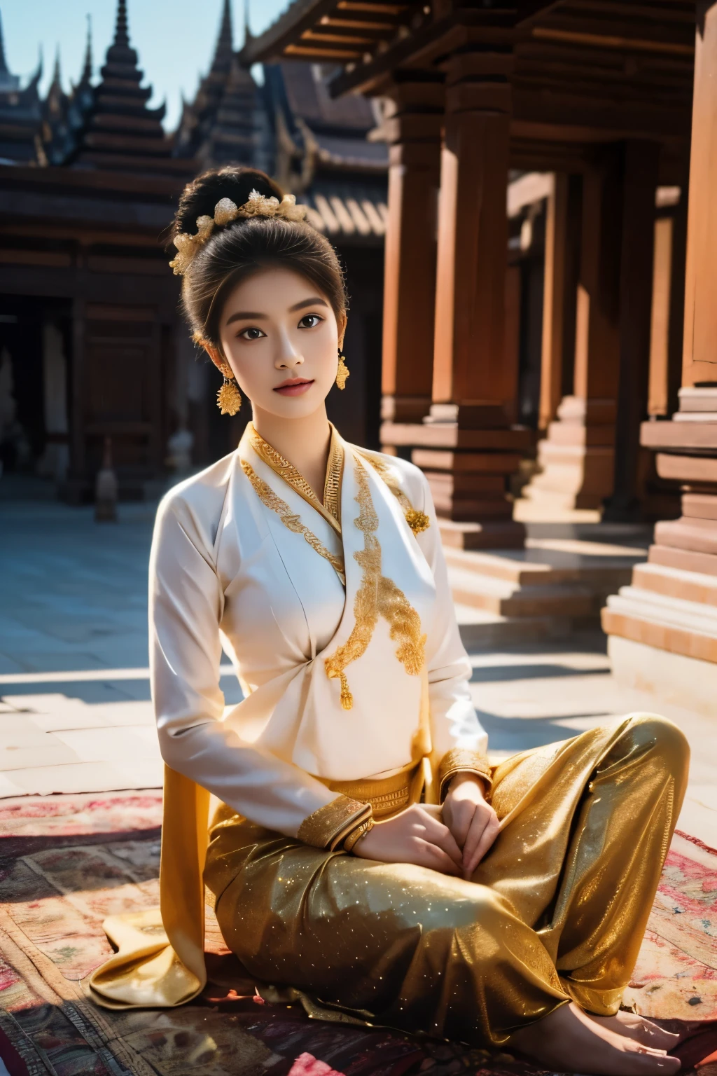 two beautiful young women of Tai Khun descent, adorned in a meticulously crafted Keng Tong Tai Khun traditional outfit, stands gracefully against the backdrop of the majestic Bagan temples. Their attire shimmers with intricate embroidery and gold accents, each element carefully chosen to reflect the rich cultural heritage of her people.

Details:

Facial features: The women's faces are radiant and youthful, with delicate features and captivating eyes that sparkle with warmth and intelligence. Her hair is styled in a messy bun adorned with fresh flowers and secured with a gold pin, adding a touch of elegance and whimsy.
Traditional outfit: The Keng Tong Tai Khun outfit is a top tank style masterpiece of craftsmanship, featuring vibrant silks, intricate embroidery, and delicate gold embellishments. The long, flowing skirt cascades gracefully around her legs, while the fitted bodice accentuates her slender figure. A traditional headdress adds a regal touch to her ensemble.
Accessories: The women's beauty are further enhanced by a dazzling array of traditional jewelry. Bangle bracelets encircle her wrists, a statement necklace adorns their neck, and delicate earrings dangle from her ears. Each piece is intricately crafted and adds a touch of luxury to her overall look.
Bagan temples background: The ancient Bagan temples provide a breathtaking backdrop for the portrait. Their weathered brickwork and towering spires add a touch of grandeur and mystery to the scene. The warm hues of the sunrise or sunset bathe the temples in a golden glow, creating a truly magical atmosphere.