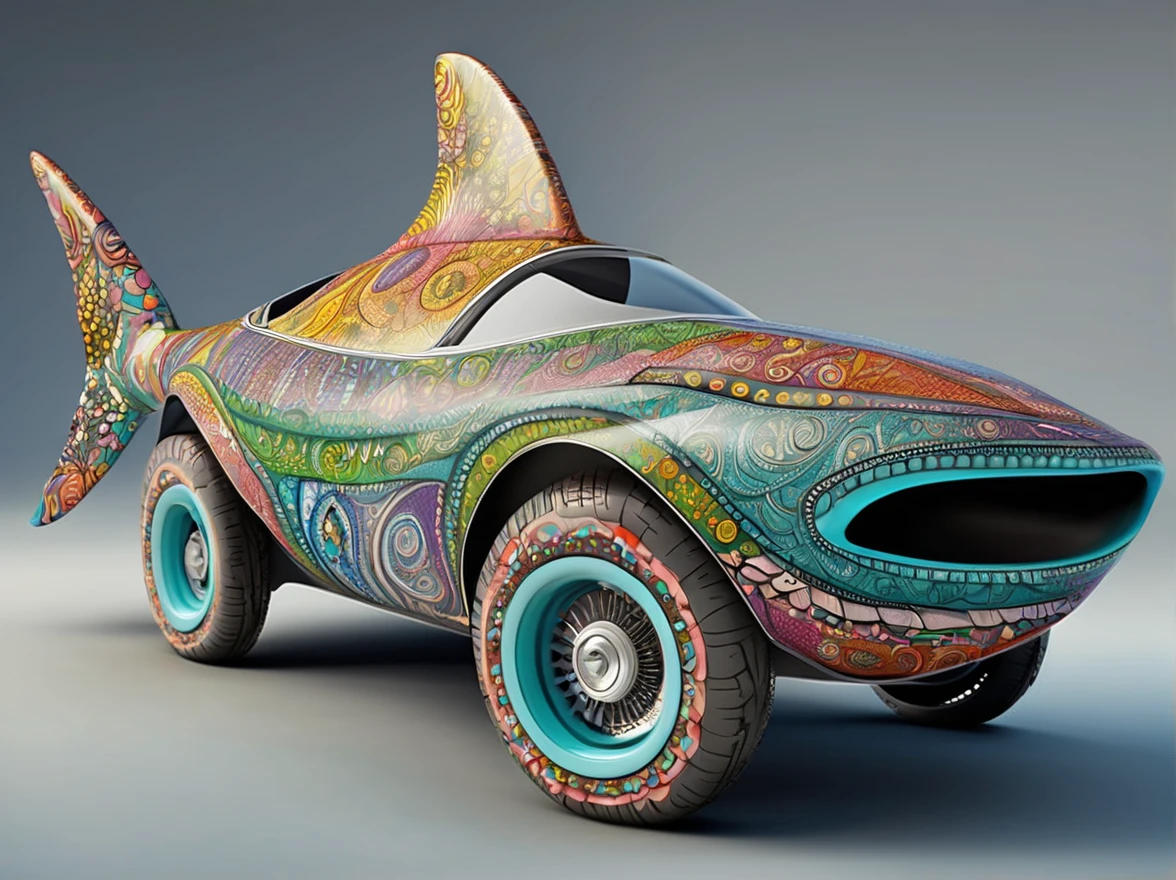 A zentangle shark shaped car with wheels and windows, metallic, 3D rendered, best quality, ultra-detailed, realistic, vivid colors, sharp focus, professional, portraits, landscape, concept artists, vibrant color palette, dramatic lighting