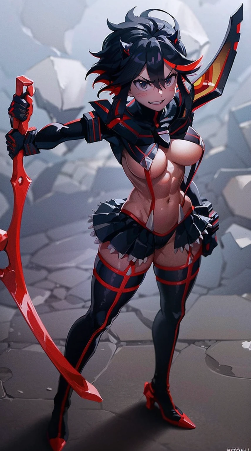matoi ryuuko, dark armor, magical girl, dragon wings, kill la kill, red hair, large breasts, abs, wide hips, thick thighs, thick arms, pants, standing, black body suit, full body, boots,smile, pullover, miniskirt, black pullover,, black bodysuit, red hair, sword holding, bodysuit in the chest
