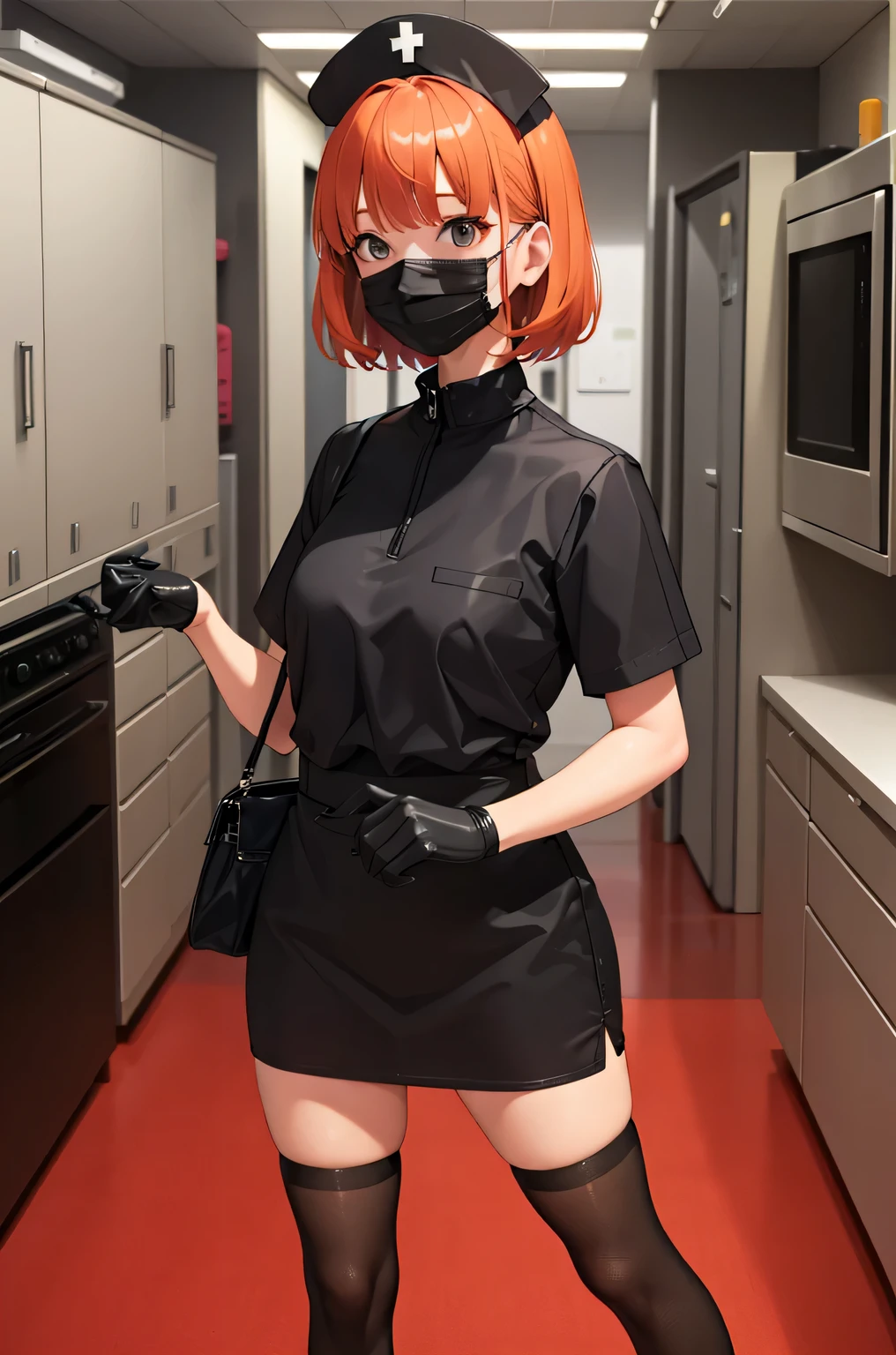 black nurse, 1 girl, alone, black nurse cap, Black Wear, ((black legwear, zettai ryouiki)), black elbow gloves, very short hair, orange hair, ((Black surgical mask, Covered nose)), Are standing, ((operating room)), sharp outline, short sleeve, Tomboy, boyish, highest quality, masterpiece