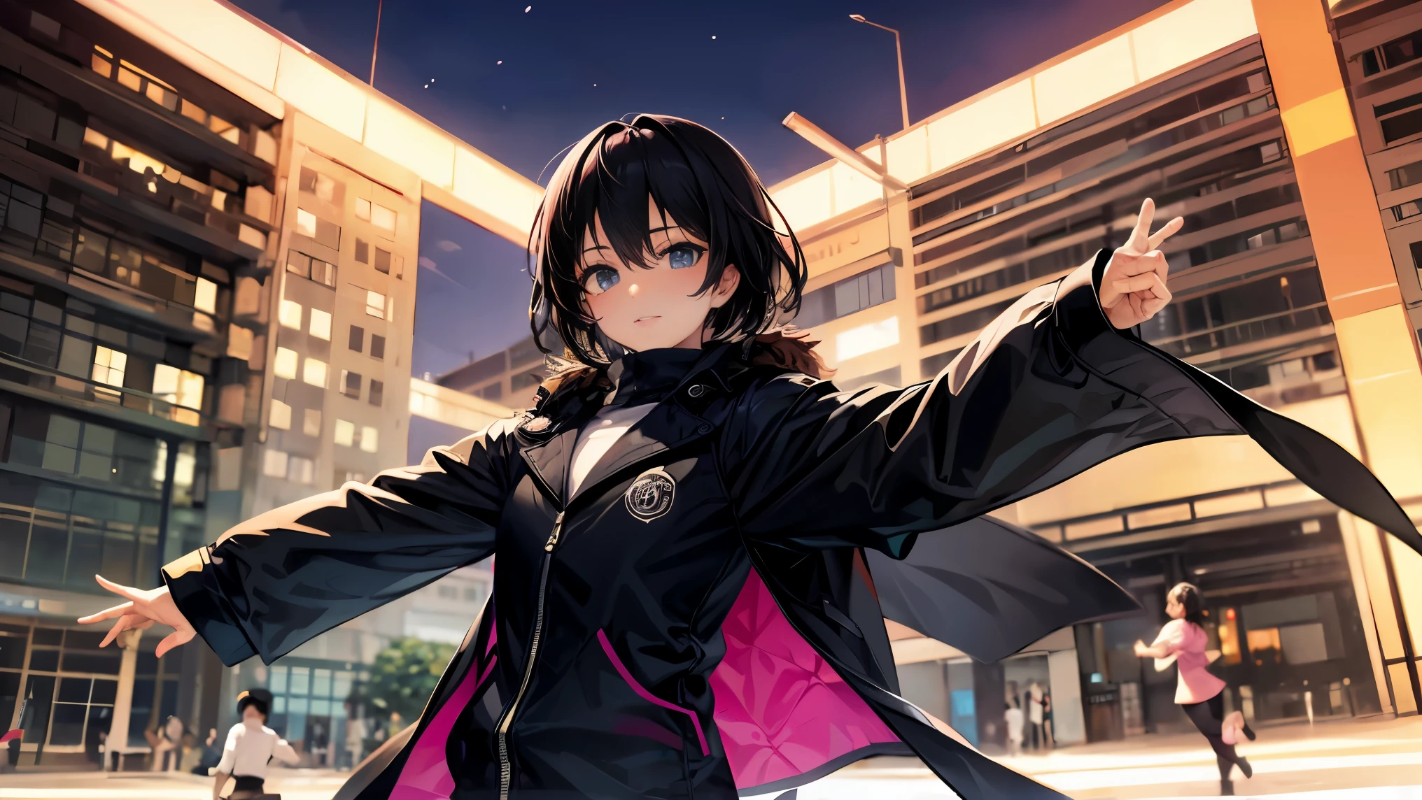 Pose change, running.
One girl, , short black hair, cute eyes, aesthetically animated, animated, image is 16:9, blue eyes, black coat.