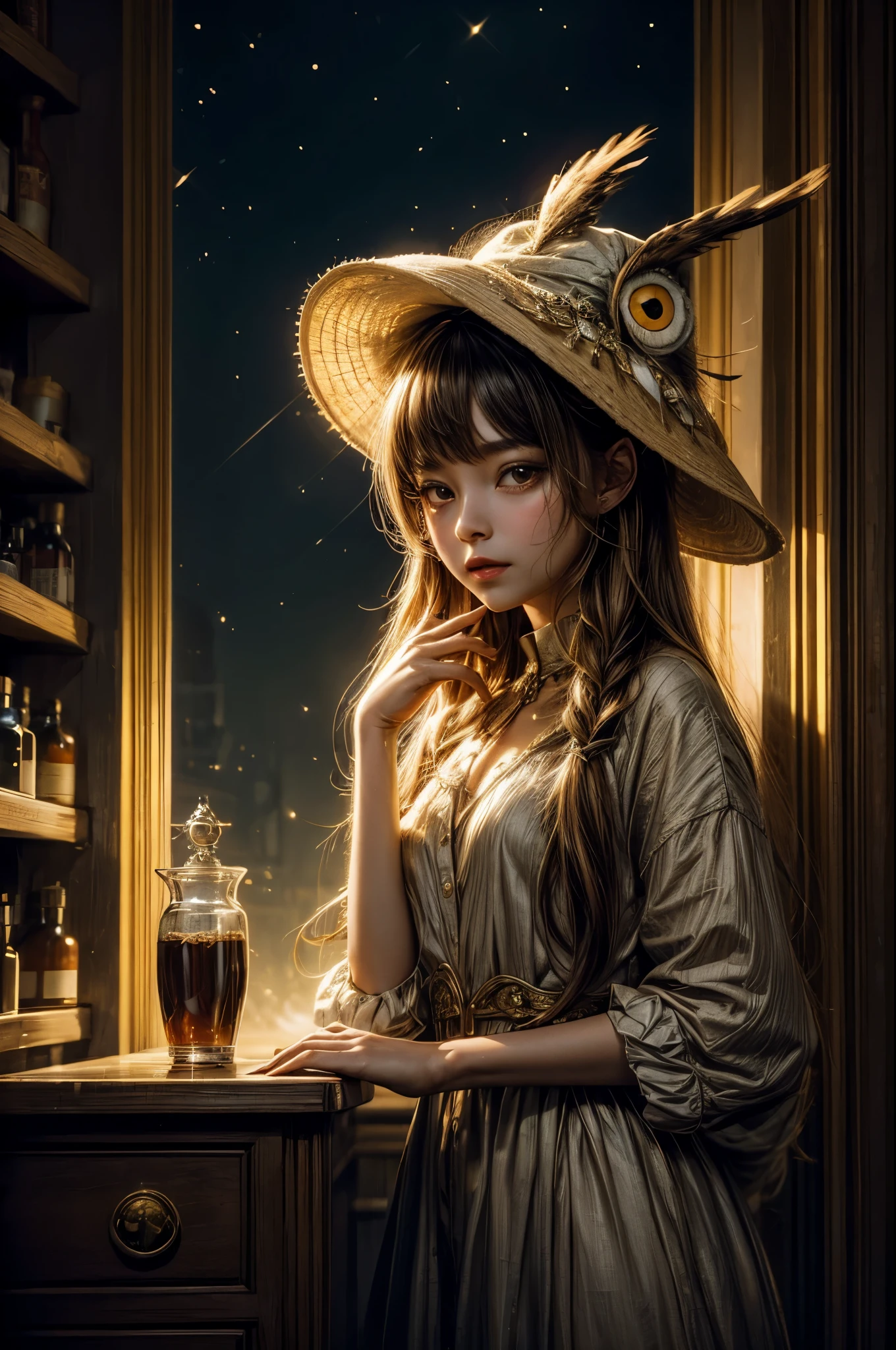 Paint a poetic scene where a girl, her head ((adorned with an owl'sHat)), discovers the magic within a Pharmacie. Jars of secrets surround her, and the evening light, filtered through tinted glass, gently kisses the surroundings. Craft an ((emotional)) and evocative artwork that speaks to the(( mysteries of the night)).