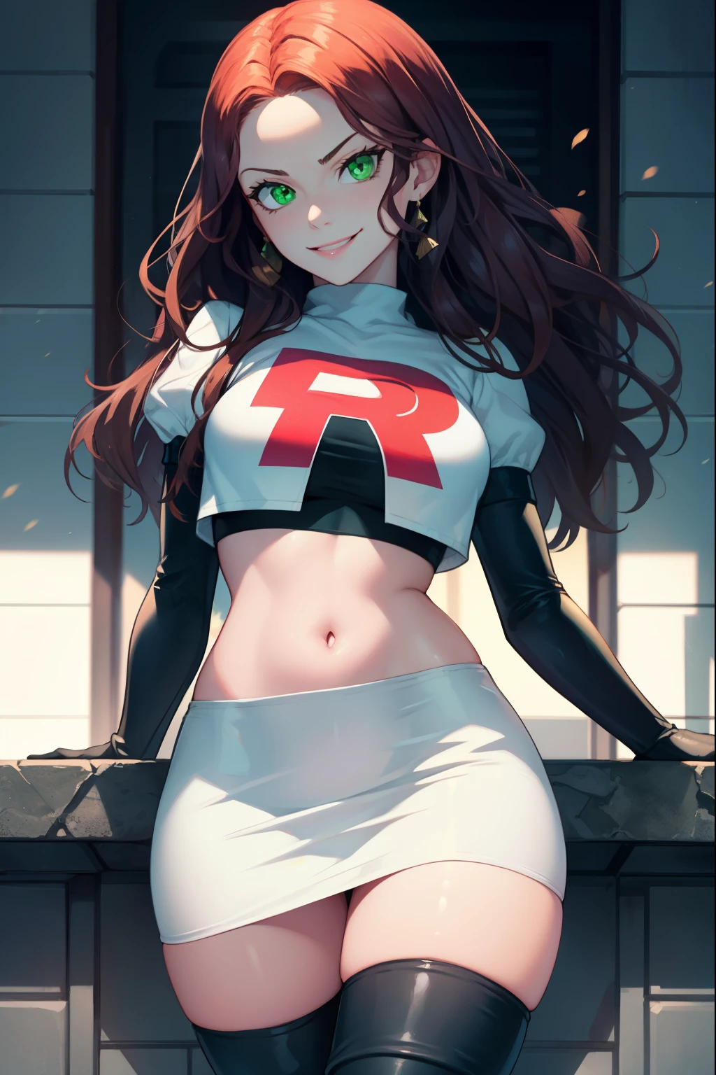 Dorothea, green eyes, glossy lips ,Team Rocket,Team Rocket uniform, red letter R, white skirt,white crop top,black thigh high boots, black elbow gloves , looking at the viewer, evil smile, fold your arms