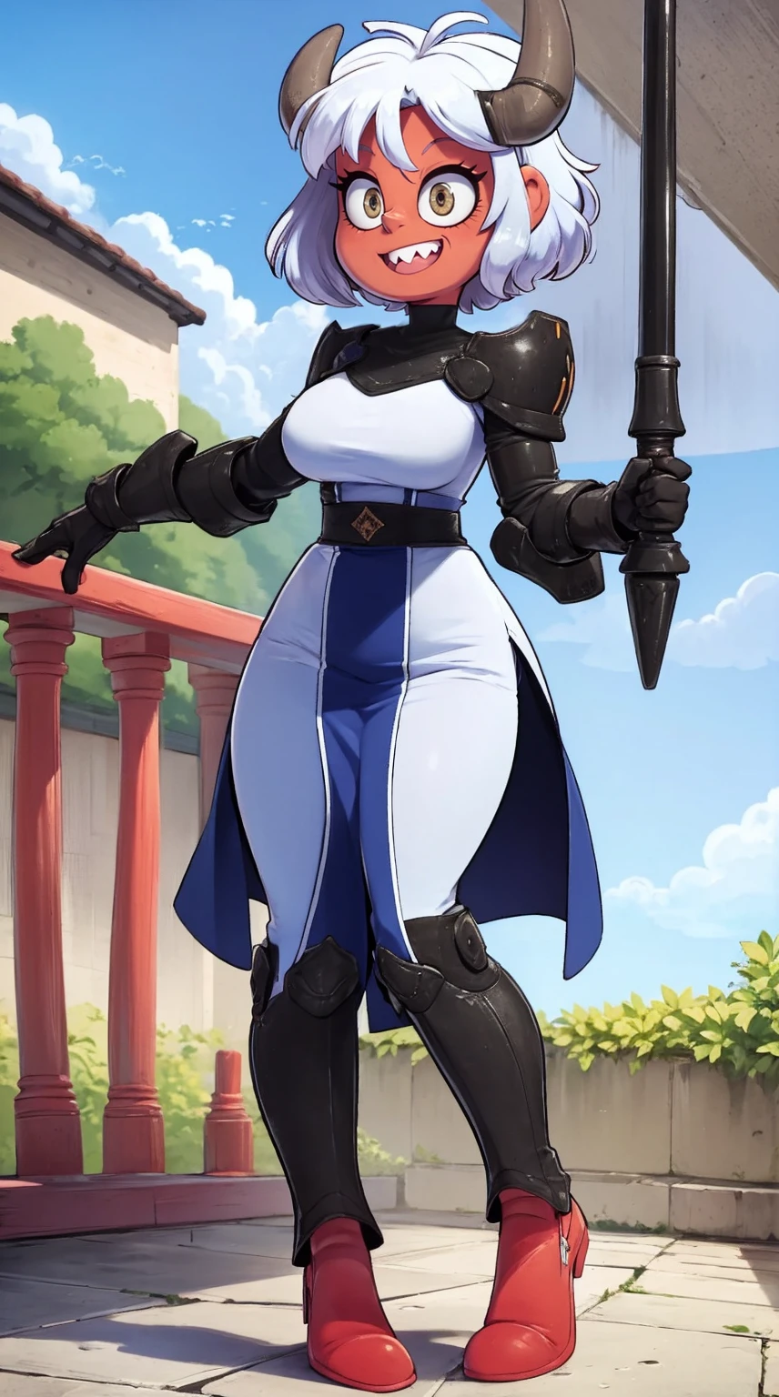 nun, demon girl, walking, , warpriesstes, silver hair, short hair, sacred gauntlets, long ski, cute smile, pure smile, love smile,,veillong skirt, pantyhose, staff holding, armor, gloves, standing, full body,sharpteeth,standing, full body, happy, joyfull