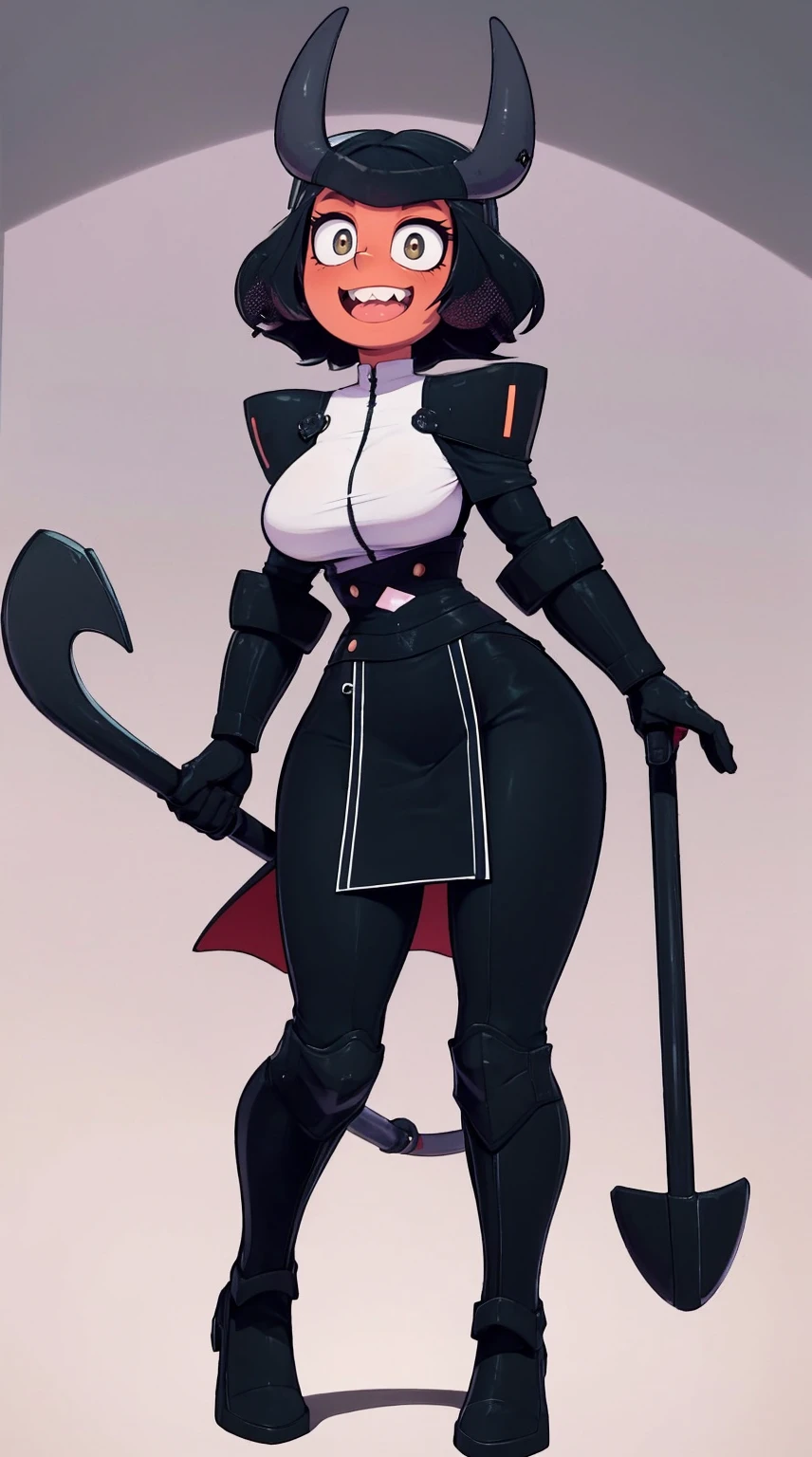 nun, demon girl, walking, , warpriesstes, silver hair, short hair, sacred gauntlets, long ski, cute smile, pure smile, love smile,,veillong skirt, pantyhose, staff holding, armor, gloves, standing, full body,sharpteeth,standing, full body, happy, joyfull