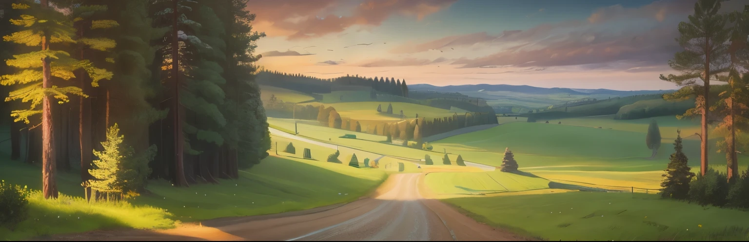 painting of a dirt road in a green field with trees, Horizon line, pine forest on the left, country landscape, roads among fields, swedish countryside, downhill landscape, in the countryside, very very very beautiful scenery, rural landscape, photorealistic landscape, very very beautiful scenery