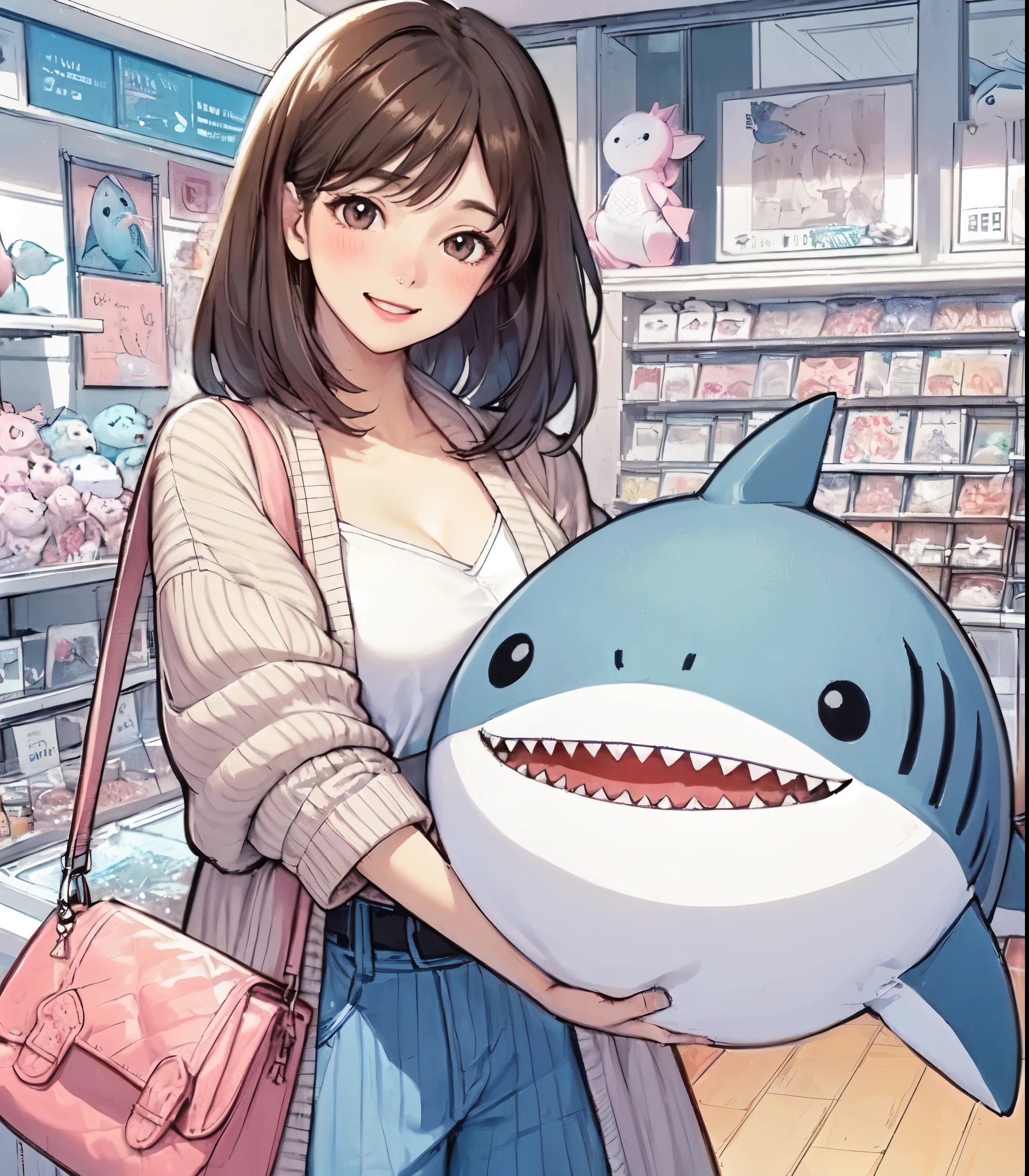 1lady solo, (holding large plush toy of great white shark), (stylish outfit), mature female, /(black hair/) bangs, blush joyful smile (eyes sparkling with joy), (masterpiece best quality:1.2) delicate illustration ultra-detailed, large breasts BREAK (finely crafted white shark plushie) BREAK (aquarium gift shop) indoors, (various products) lined up