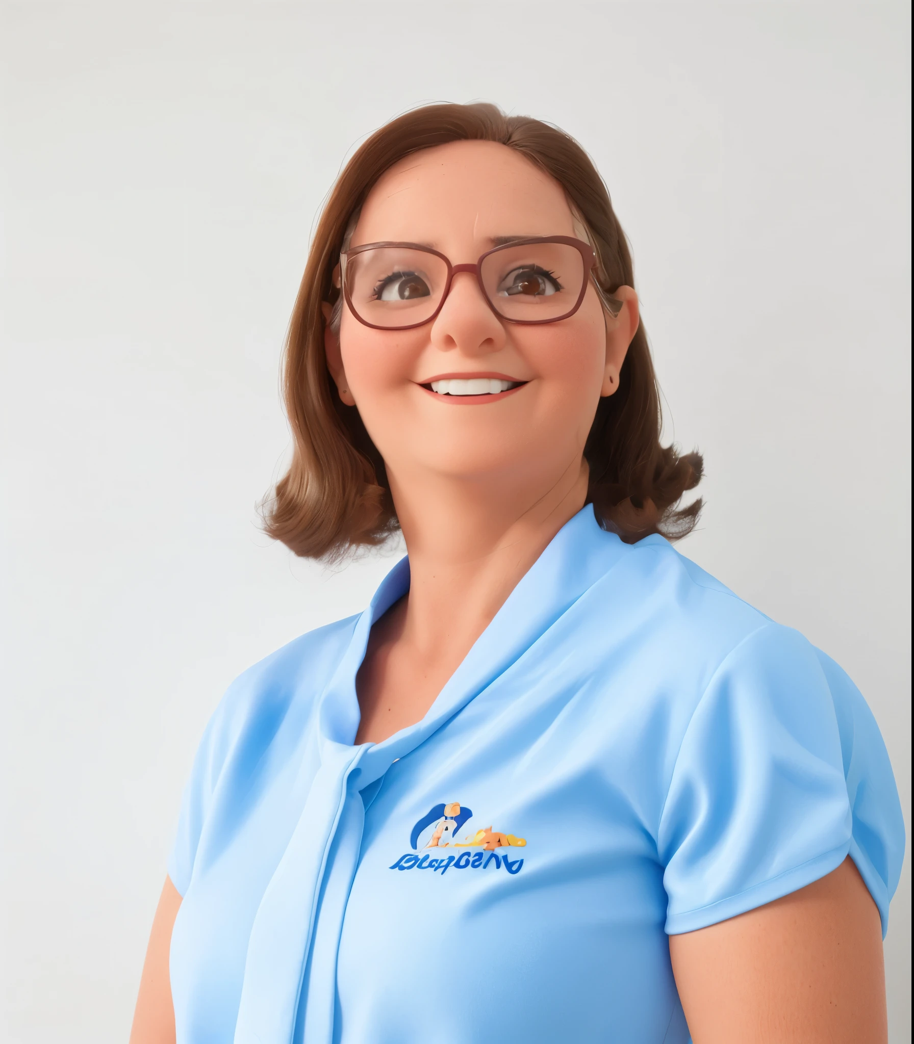 Personagem da disney, mulher branca, entre 50 e 60 anos, bochechas grandes, com cabelo castanho, Red glasses, camisa azul e sorridente.