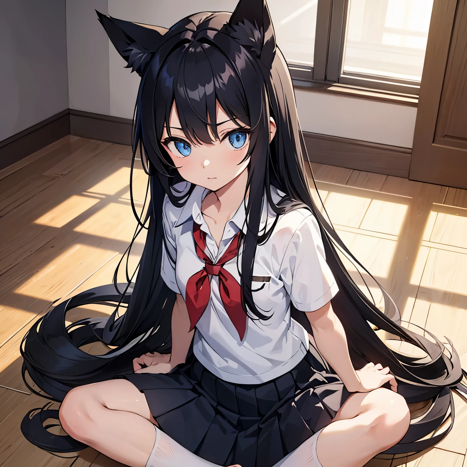 (embarrassed face: 0.5), open mouth, hair down, on her knees, 2 arms, 2 legs, best quality, highly detailed, (absurdly long hair: 1.5), large volume of black hair, long straight hair, straight black hair, black hair longer than height, beautiful black hair, (hair between eyes: 0.5), (nekomimi, catgirl, kemonimimi: 1), (nude, naked, no clothes), human skin, blue eyes, nipples, nude, 1girl, black hair