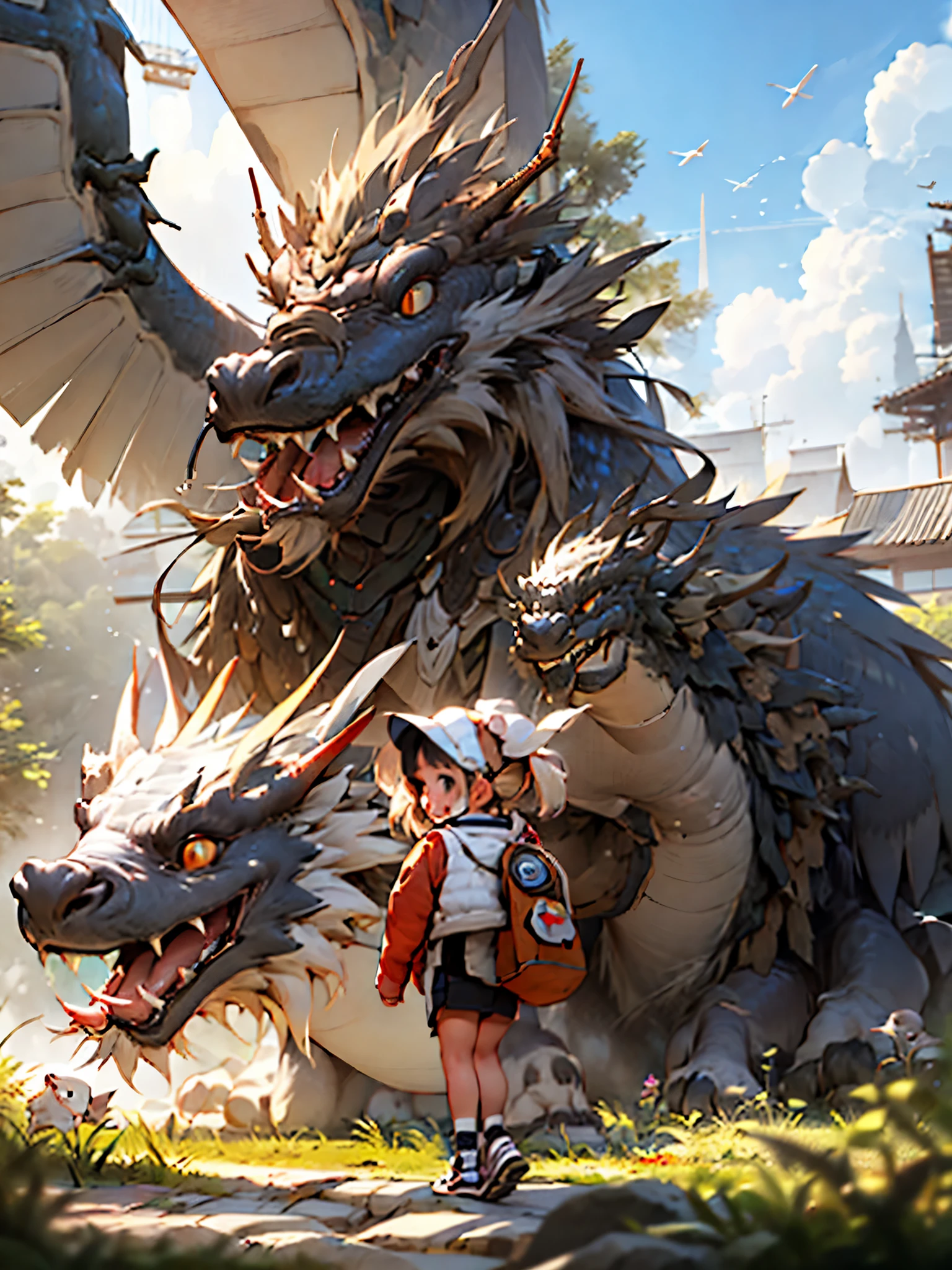 girl, letterbox, holding, outdoor, bird, standing, cloud, 1boy, weapon, from behind, sky, cloudy sky, animal, holding weapon, oriental dragon,towering into the clouds, monster, 1other, hat, fog,