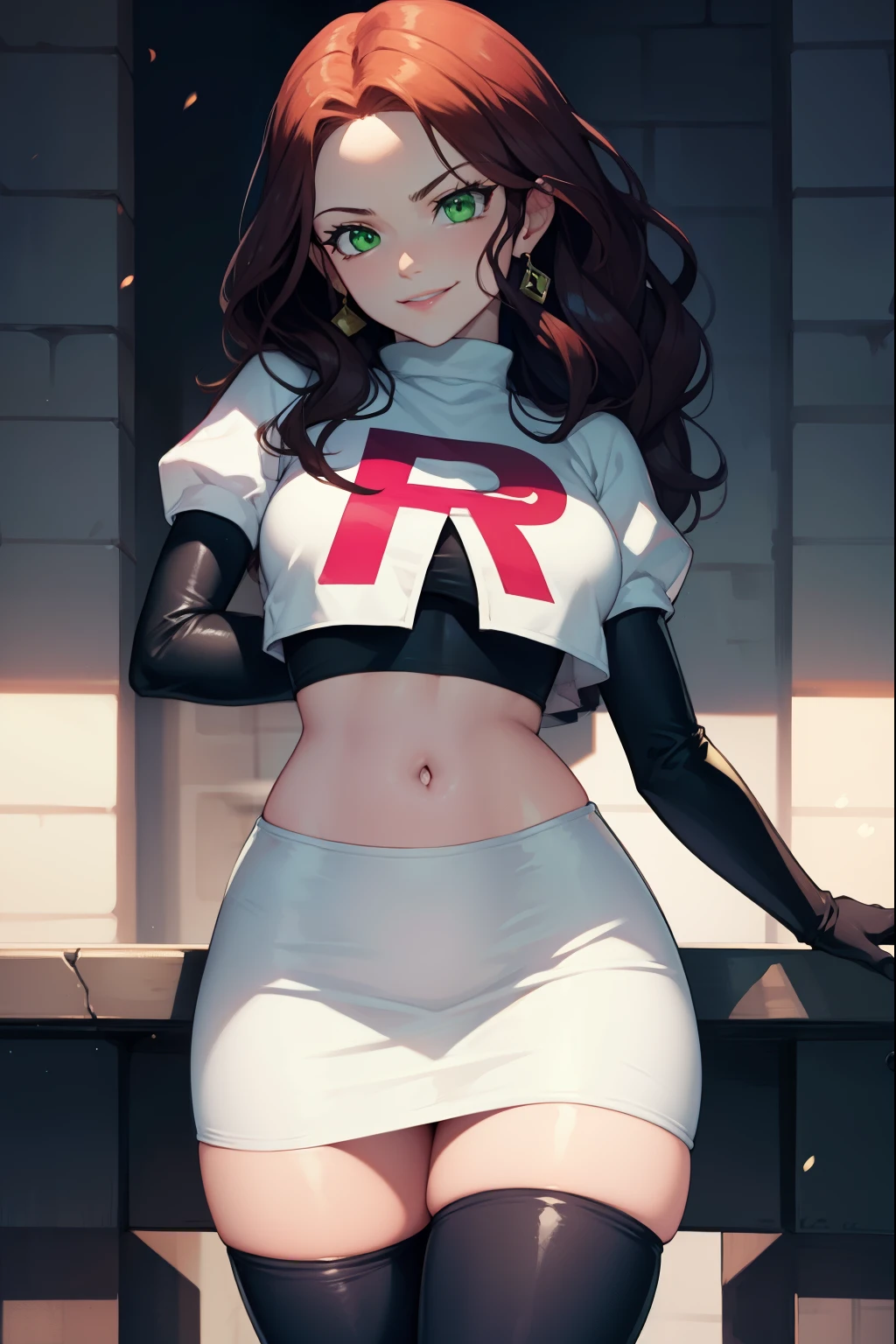 Dorothea, green eyes, glossy lips ,Team Rocket,Team Rocket uniform, red letter R, white skirt,white crop top,black thigh high boots, black elbow gloves , looking at the viewer, evil smile, fold your arms