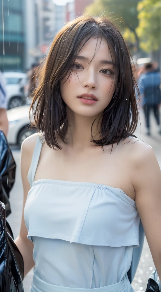 ((Best Quality, 8K, Masterpiece:1.3)), Focus: 1.2, Perfect Body Beauty: 1.4, Buttocks: 1.2, ((Layered Haircut, Breasts: 1.2)), (Wet Clothes: 1.1) , (Rain, Street:1.3), Bandeau Dress: 1.1, Highly Detailed Face and Skin Texture, Delicate Eyes, Double Eyelids, Whitened Skin, Long Hair